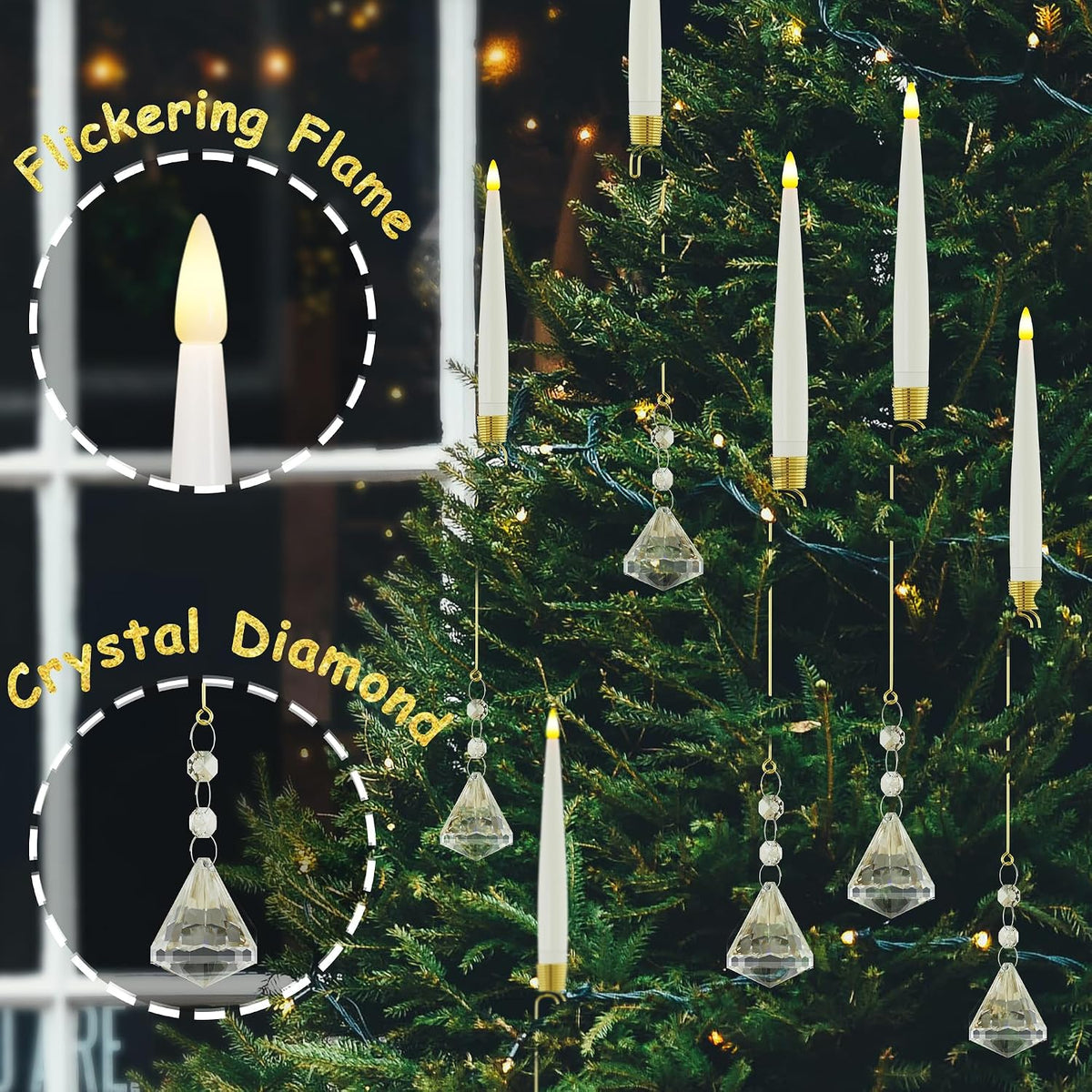 JOIONE Christmas Tree Candles, 10 Pack Crystal Diamond Tree Hanging Decor | Battery Operated, Remote Control, Crystal