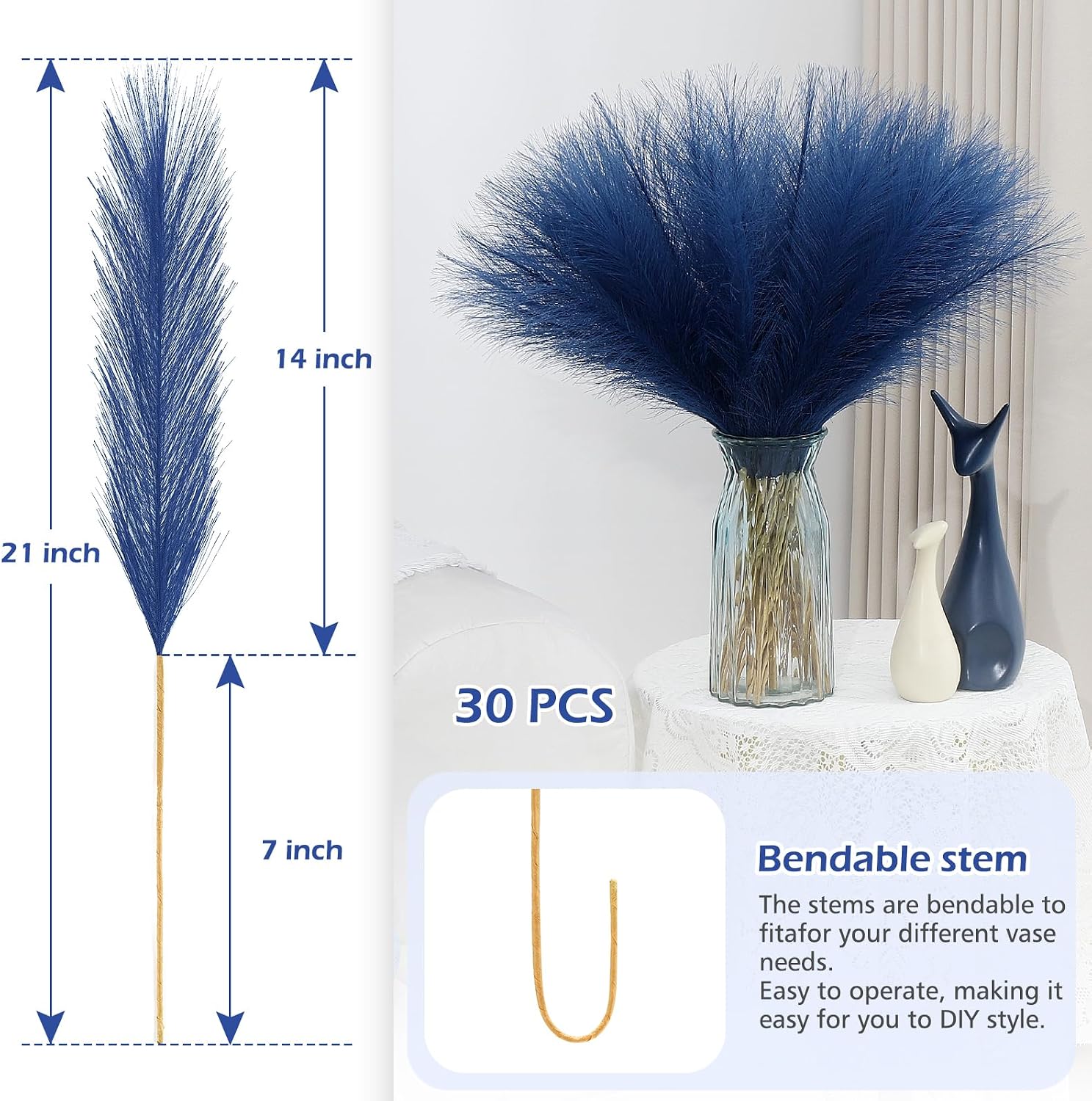 Blue Pampas Grass Decor Faux Pampas Grass Bulk Artificial Dried / Blue Style / 21.7 Inch / Set of 30
