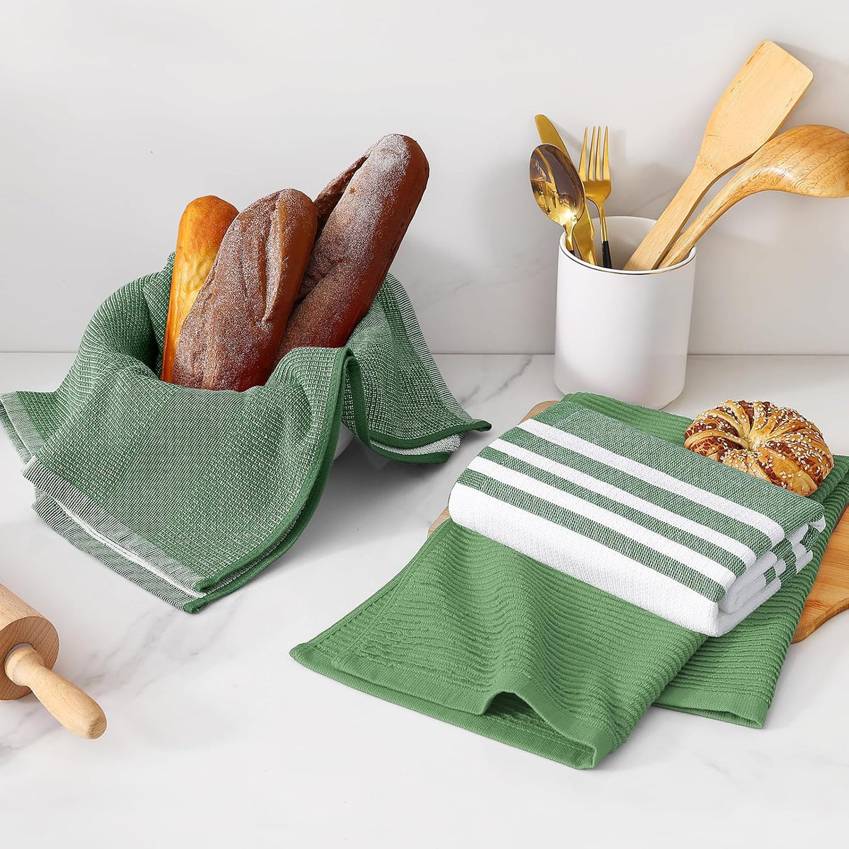 Homaxy Cotton 380 GSM Premium Kitchen Towels, 18"x28", 12 Pack, GrassGreen | Soft and Absorbent Terry Dish Towels