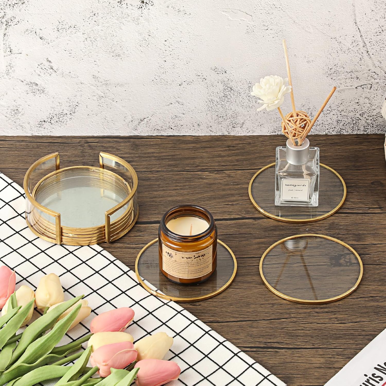 Holder / Glass Coaster Drink Coasters / Gold / Set of 8