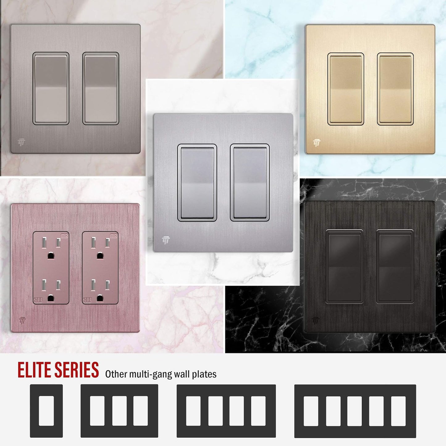 ENERLITES 2-Gang Brushed Silver Screwless Decorator Wall Plate Outlet Cover | 10 Pack, Size 4.68" x 4.73", Fits light
