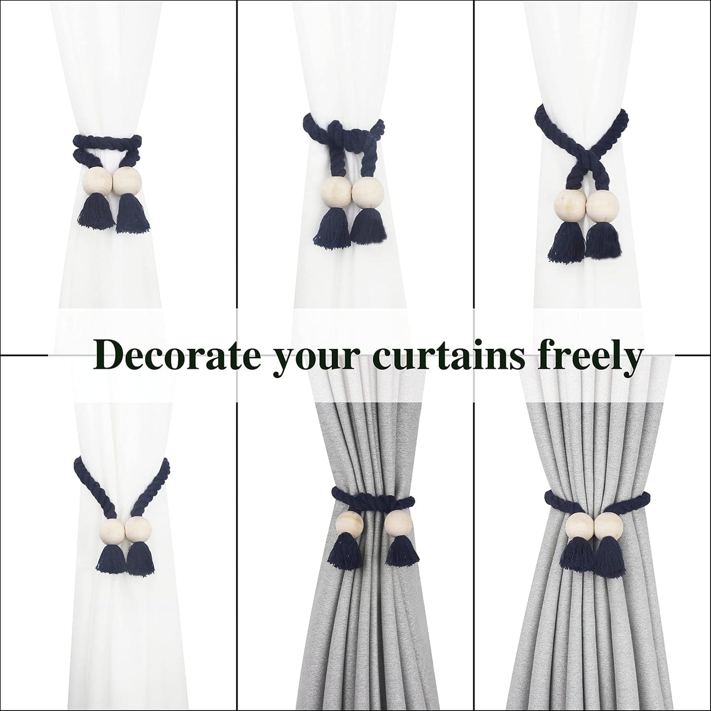 Magnetic Curtain Tiebacks Decorative Tie Back Drapes Holdbacks Nieffeiy | 6 Pack Navy Cotton Hand Woven Rope Curtain