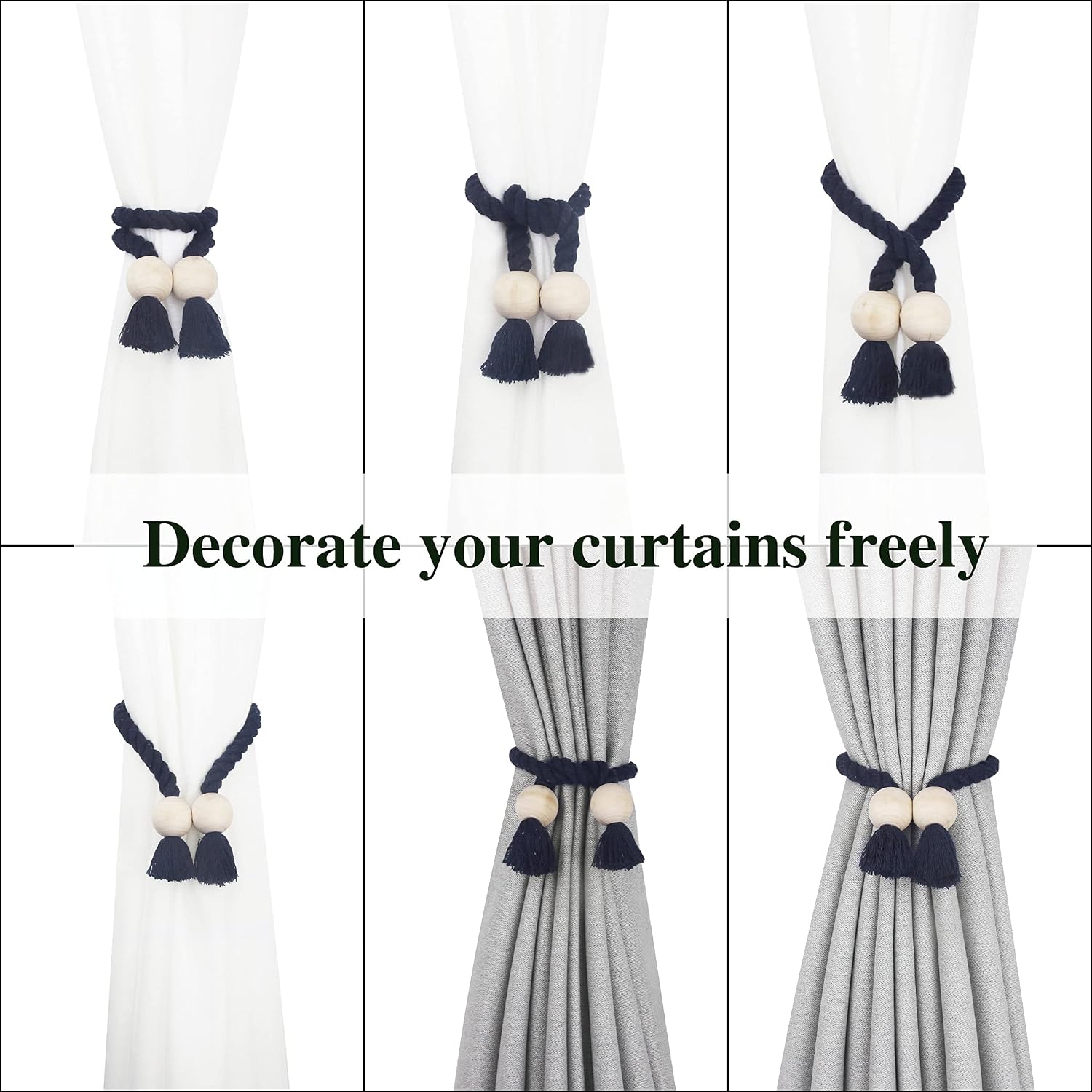 Magnetic Curtain Tiebacks Decorative Tie Back Drapes Holdbacks Nieffeiy | 6 Pack Navy Cotton Hand Woven Rope Curtain