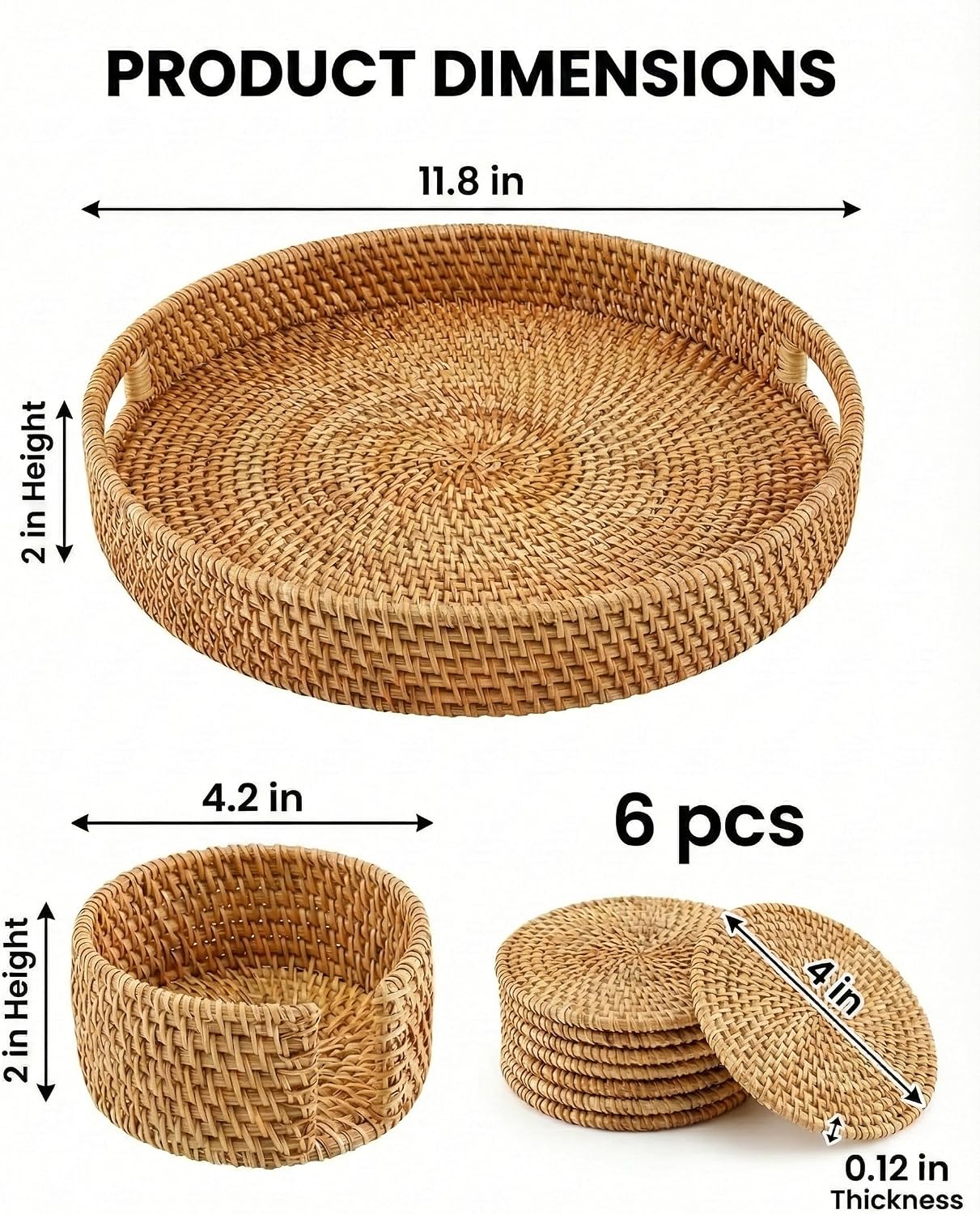 Round Rattan Serving Tray & 6 Coasters Set / Natural