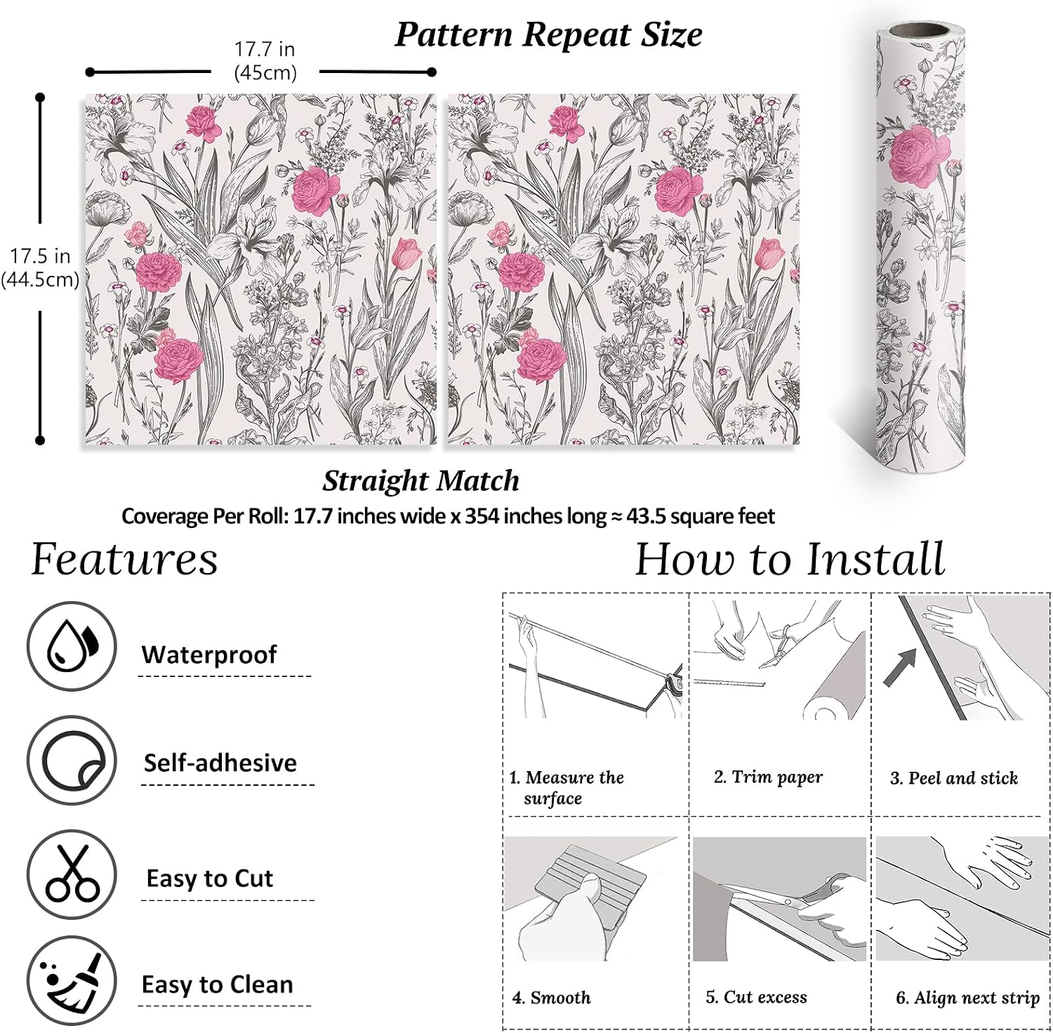17.7''x354'' Grey Sketch Floral Wallpaper Vintage Pink Flower Peel / 17.7 x 354 / Grey, Pink