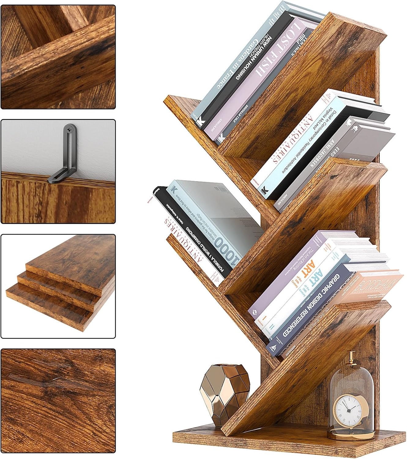 YMYNY Tree Bookshelf, 4-Tier Book Storage Organizer Shelves,Rustic Brown, HBC014H