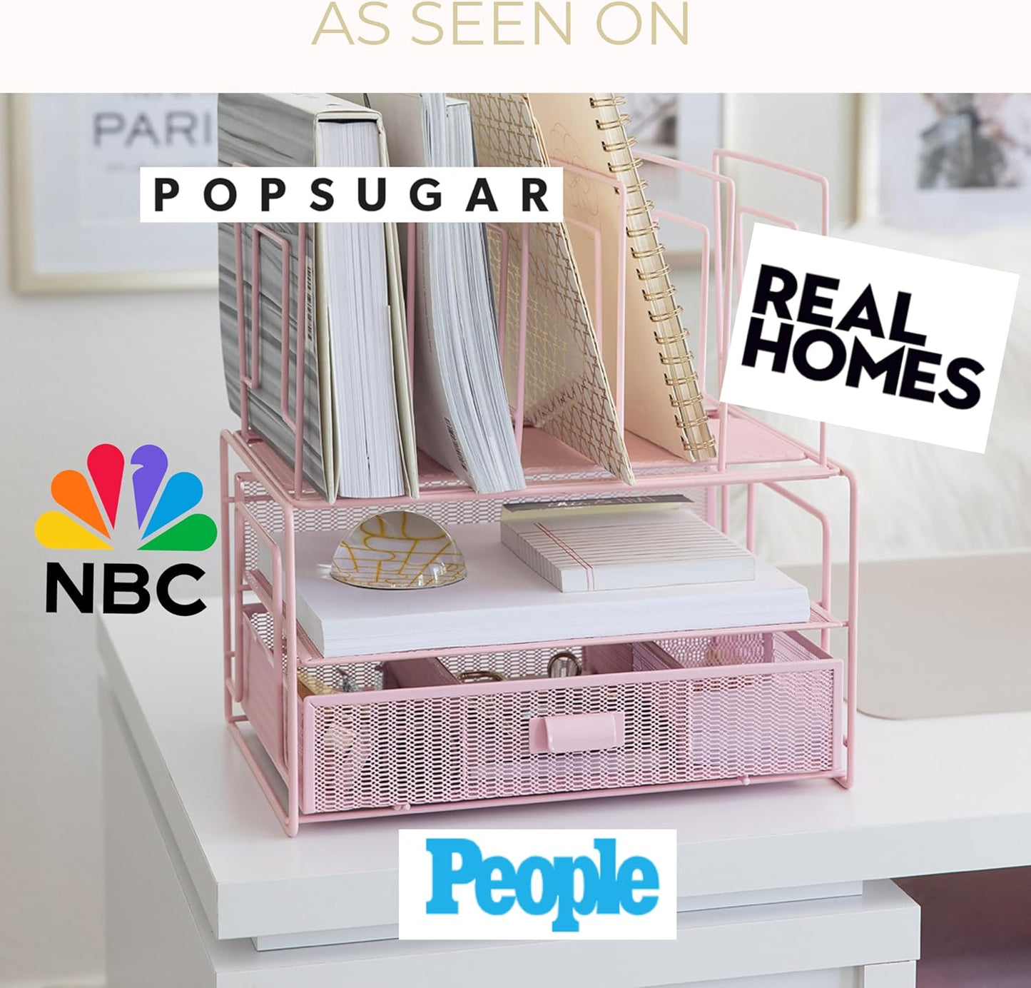 BLU MONACO | Pink Desk Organizer with Drawer | Wire Mesh Desk Organizer File Sorter | Metal Desktop Storage for Office