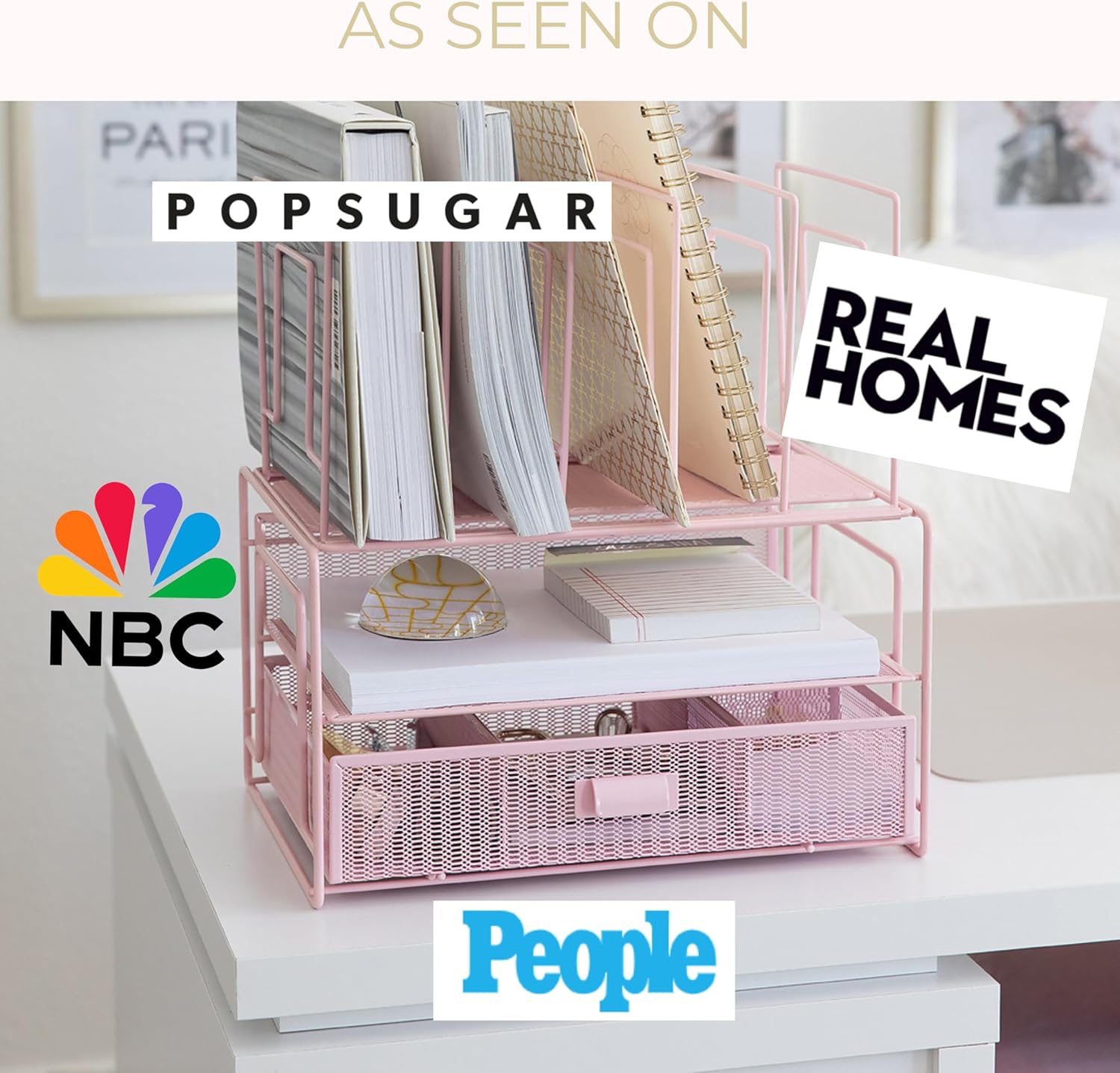 BLU MONACO | Pink Desk Organizer with Drawer | Wire Mesh Desk Organizer File Sorter | Metal Desktop Storage for Office