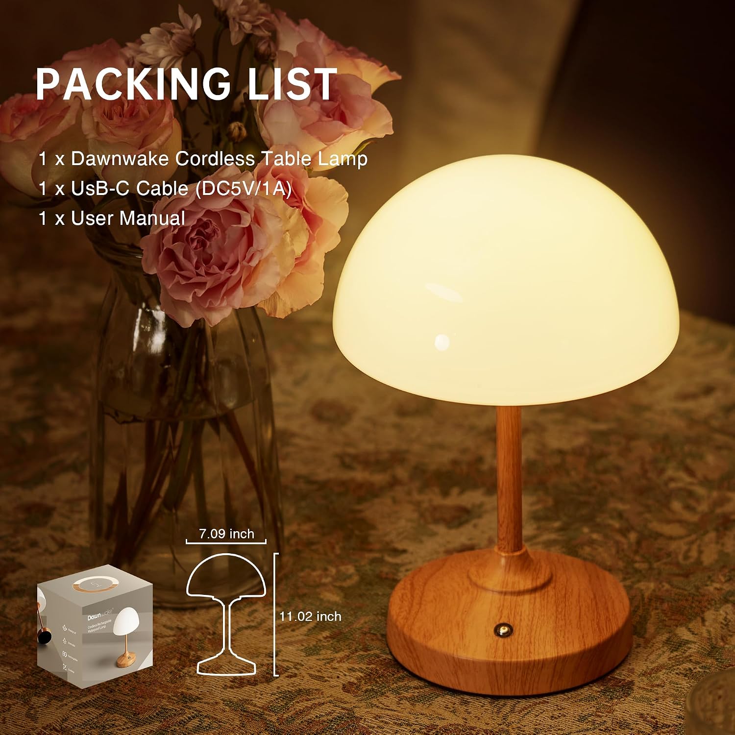 Mushroom Lamp Cordless Lamp Table Lamp,Outdoor Waterproof Shower Lamps,5000mAh Rechargeble Battery Operated Dimmable