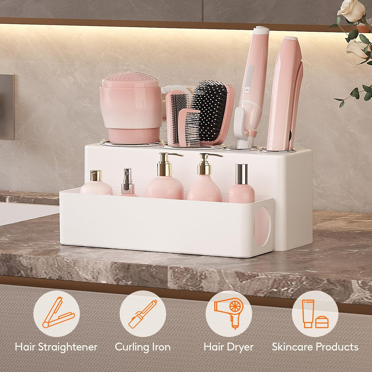 Lifewit Hair Tool Organizer Dryer Holder Countertop with 4 Cups, White | 4 Stainless cups Tools Organizer, Acrylic body
