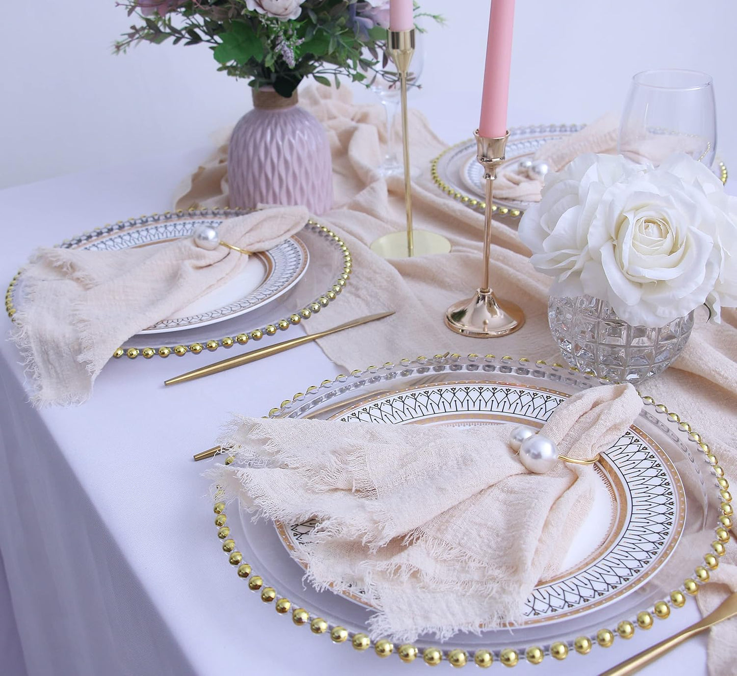 Fall Cloth Napkins with Fringe Set of 12, Soft Cotton, 16 x 16 Inch, Beige | Boho Rustic Dinner Napkins, Reusable
