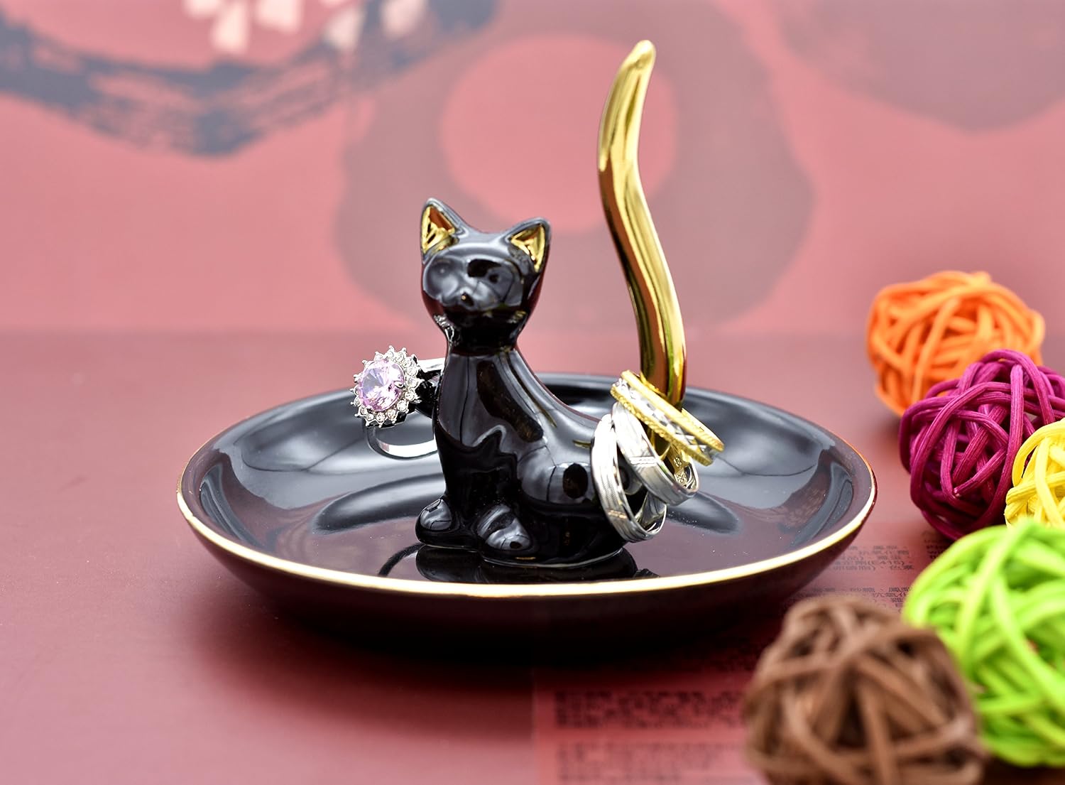 Happy Cat Posture Ring Holder Jewelry Storage Dish Trinket Tray / One Size / Black Love Cat