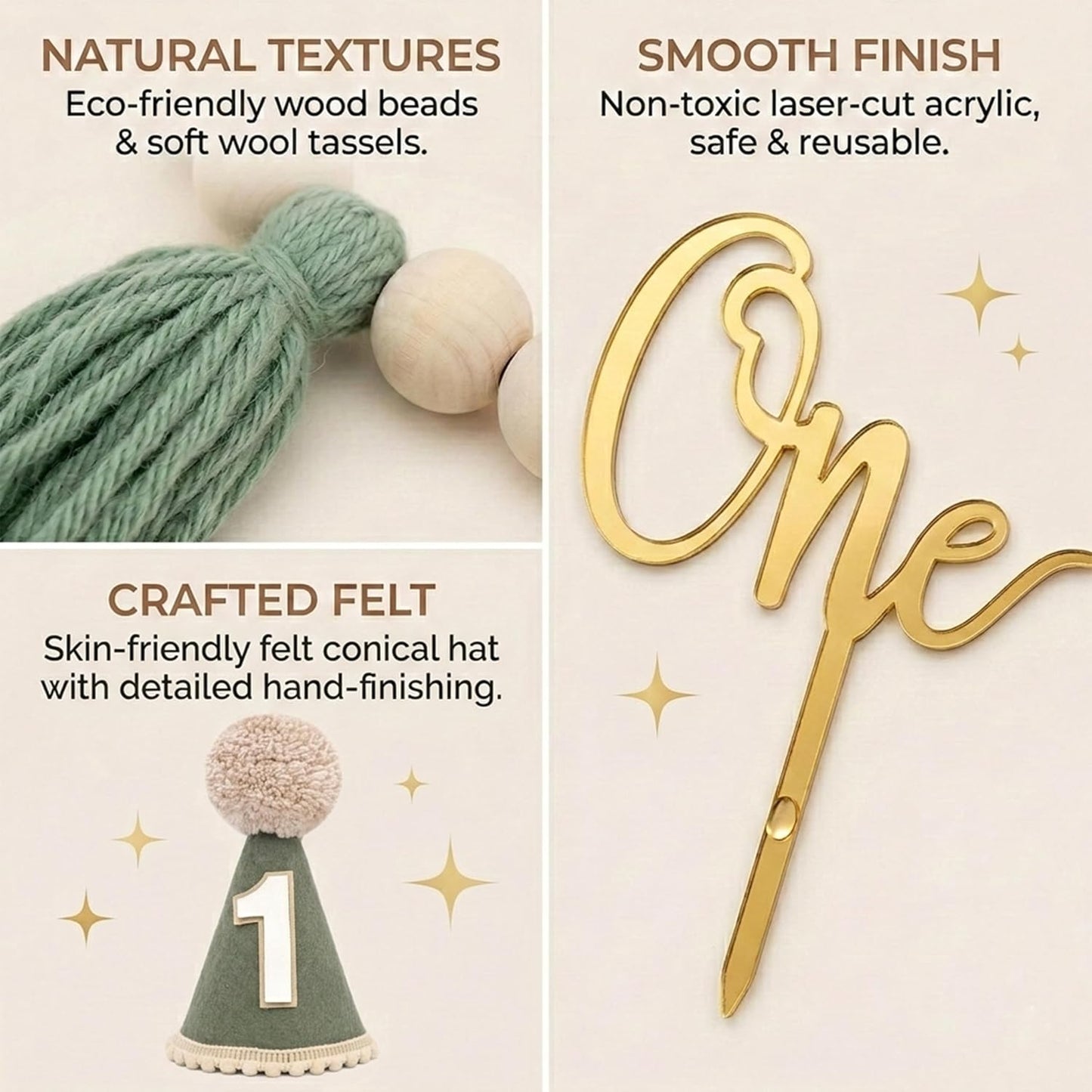 Cone Hat And Cake Topper Wood Bead Tassel Garland First Birthday Decorations / Green