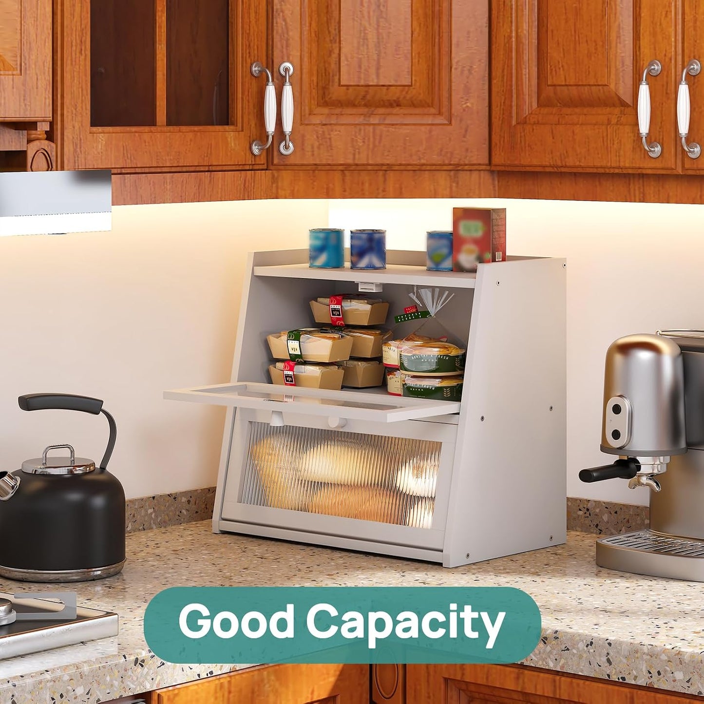 viewcare White Bread Box for Kitchen Counter, Large Bread Box With Cutting Board, Bamboo Wood Large Capacity Bread
