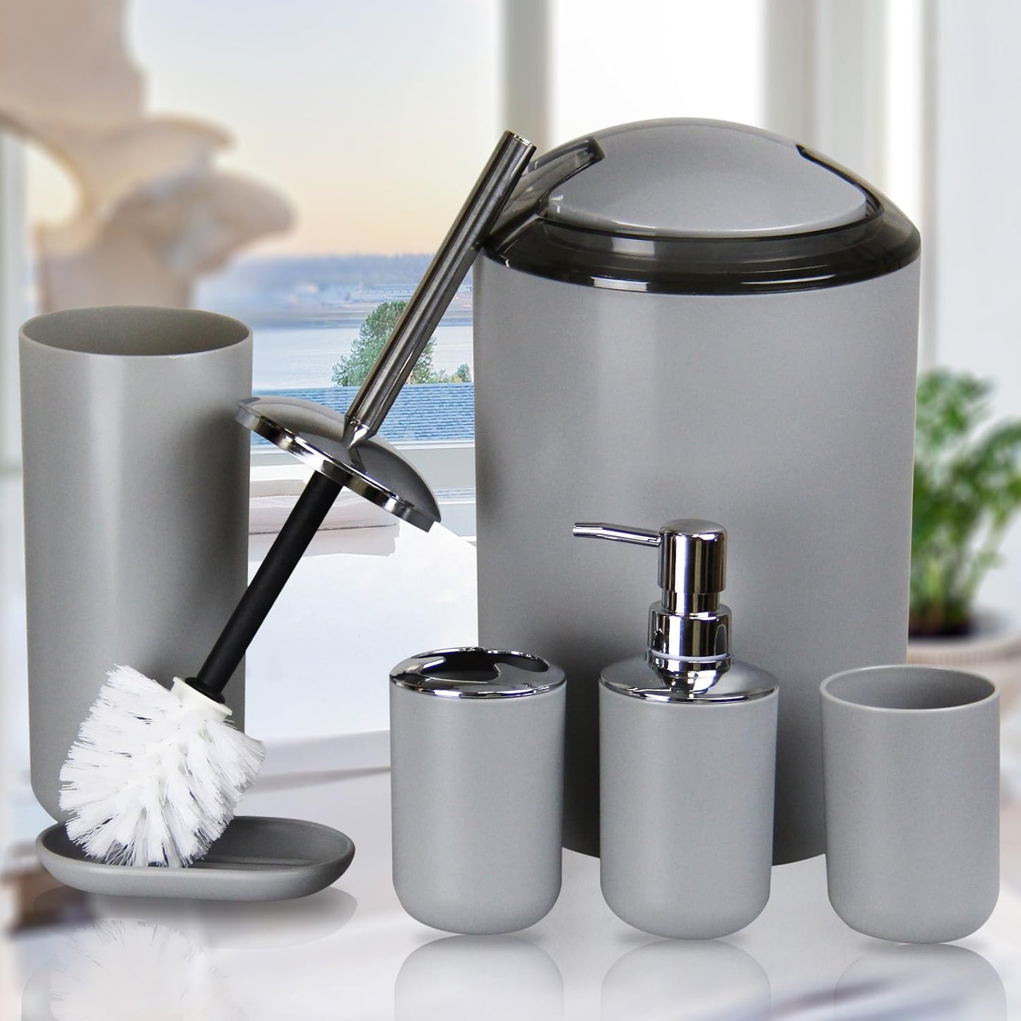 IMAVO Bathroom Accessories Set,Grey Bathroom Set,7 Pieces Bathroom Accessory Set,Tray,Toilet Brush,Trash Can for