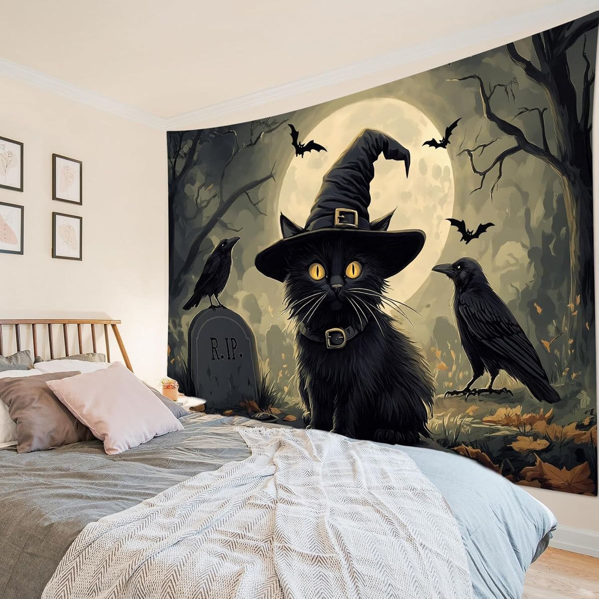 LB Halloween Black Cat Tapestry, Night Forest Full Moon and Black Crow Scary Halloween Wall Tapestry for Bedroom, Spooky Gothic Wall Art for Living Room Dorm Home Decor Ready to Hanging, 80 x 60 Inches
