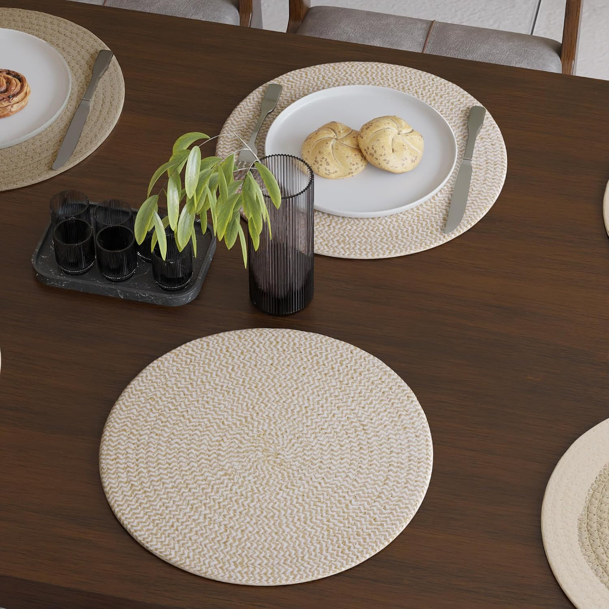 Encasa XO Placemats, Round Cotton Dining Table Mats 13" | Beige Mix Combo, Handcrafted Ribbed Texture | Heat Resistant