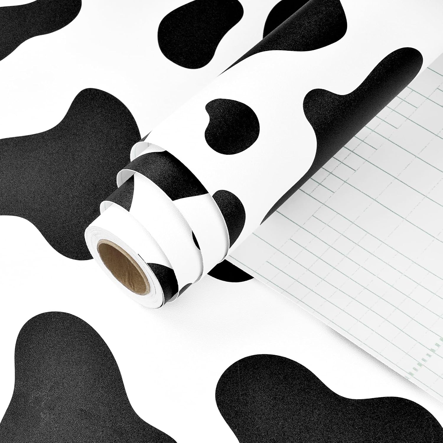 Cow Printed Peel and Stick Wallpaper and White Contact Paper / Vinyl / 17.5 x 102 / Black