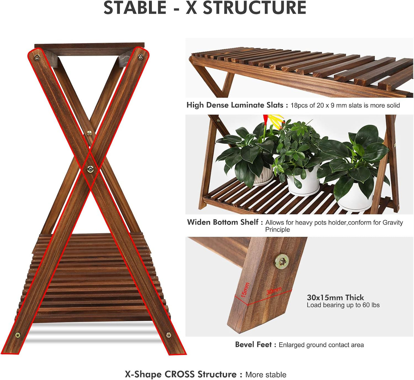 Wood Plant Stand Shelf Indoor Outdoor 2 Tier Plant Bench Corner | Stepped Flower Stand Plant Table Planter Shelf Holder