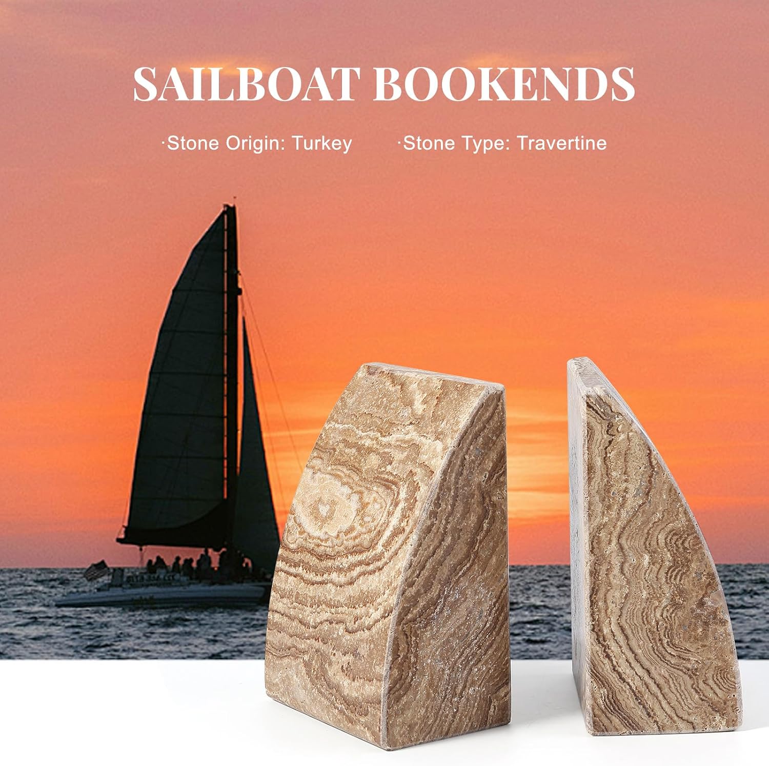 Travertine Bookends / Non-Slip Heavy Duty Book Stopper / Sail-brown Travertine