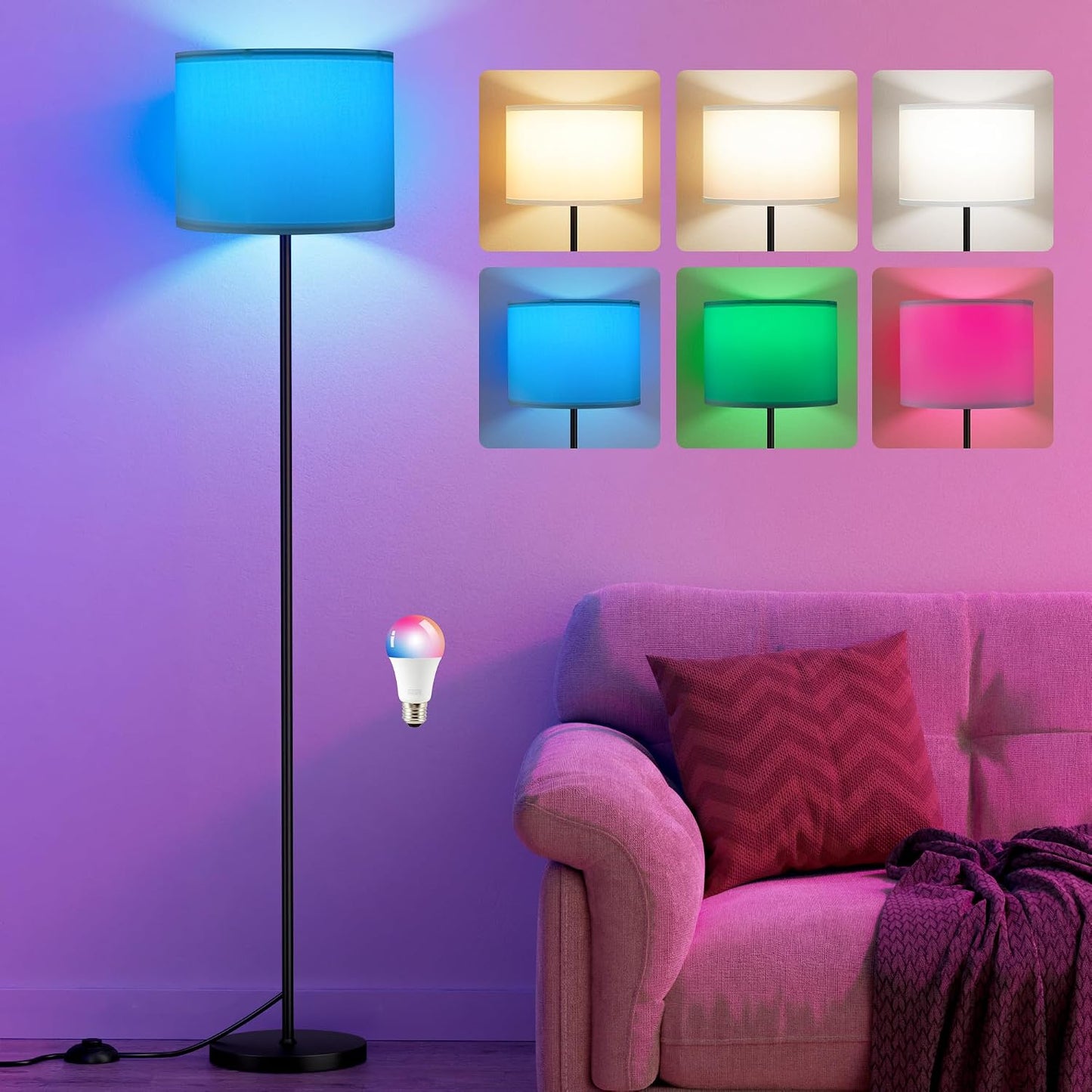 Ambimall Floor Lamp for Living Room with Smart Light Bulb, RGB + Stepless Dimmable Colors Temperature &