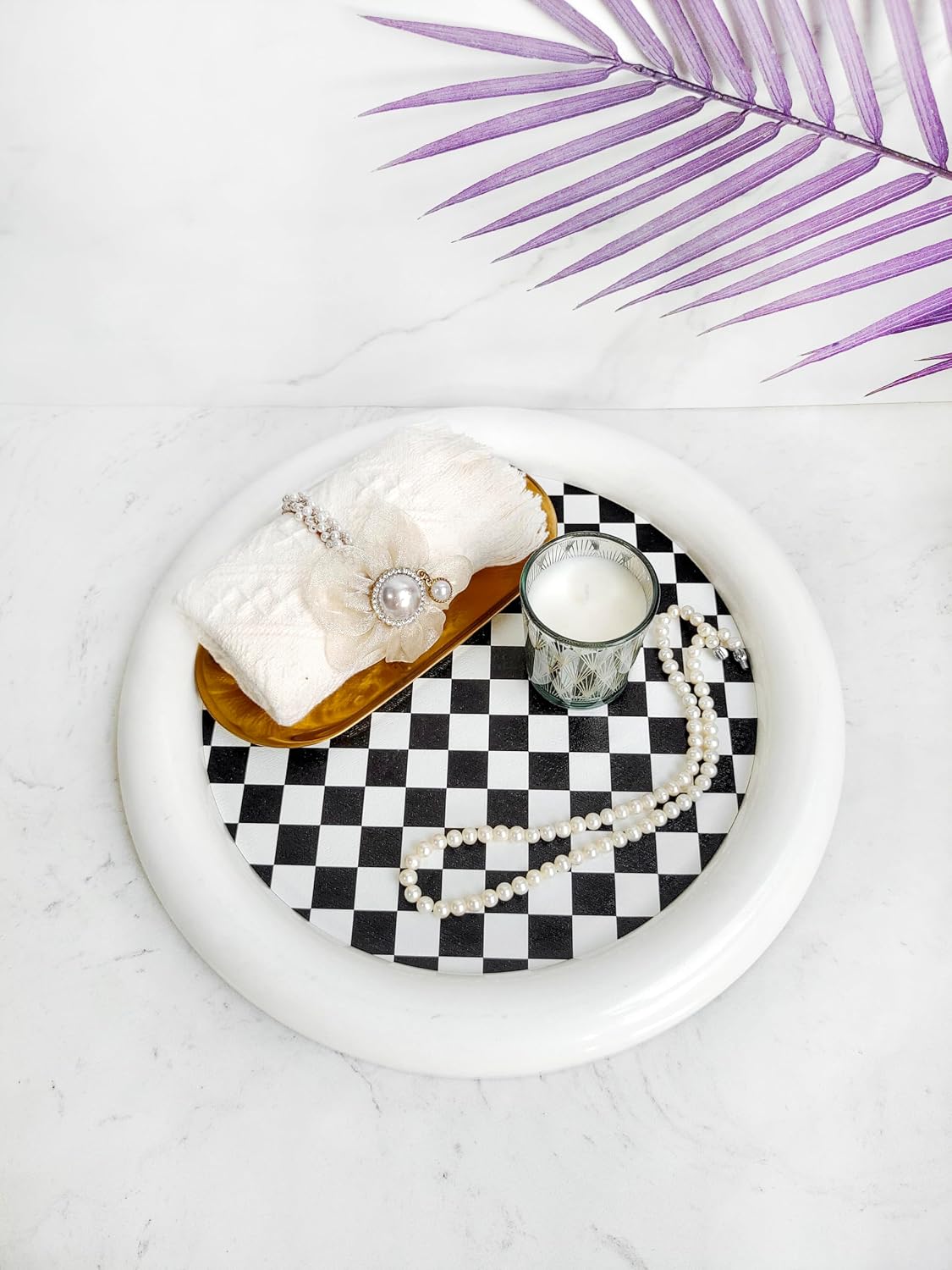 Checkered Decorative Tray / Round White Checkered