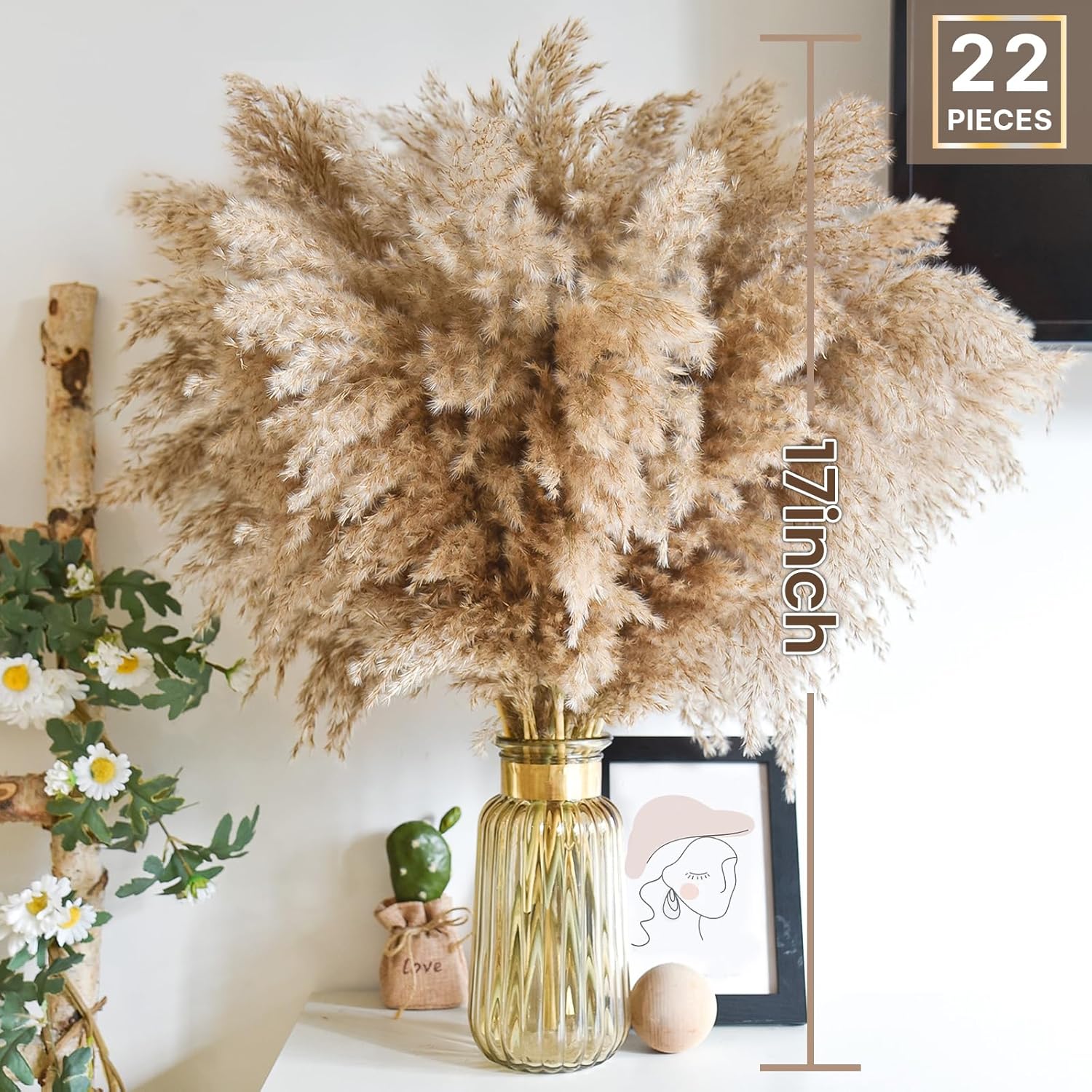 Short Fluffy Pampas Grass Bulk for Small Boho / 17inch -brown / Set of 22