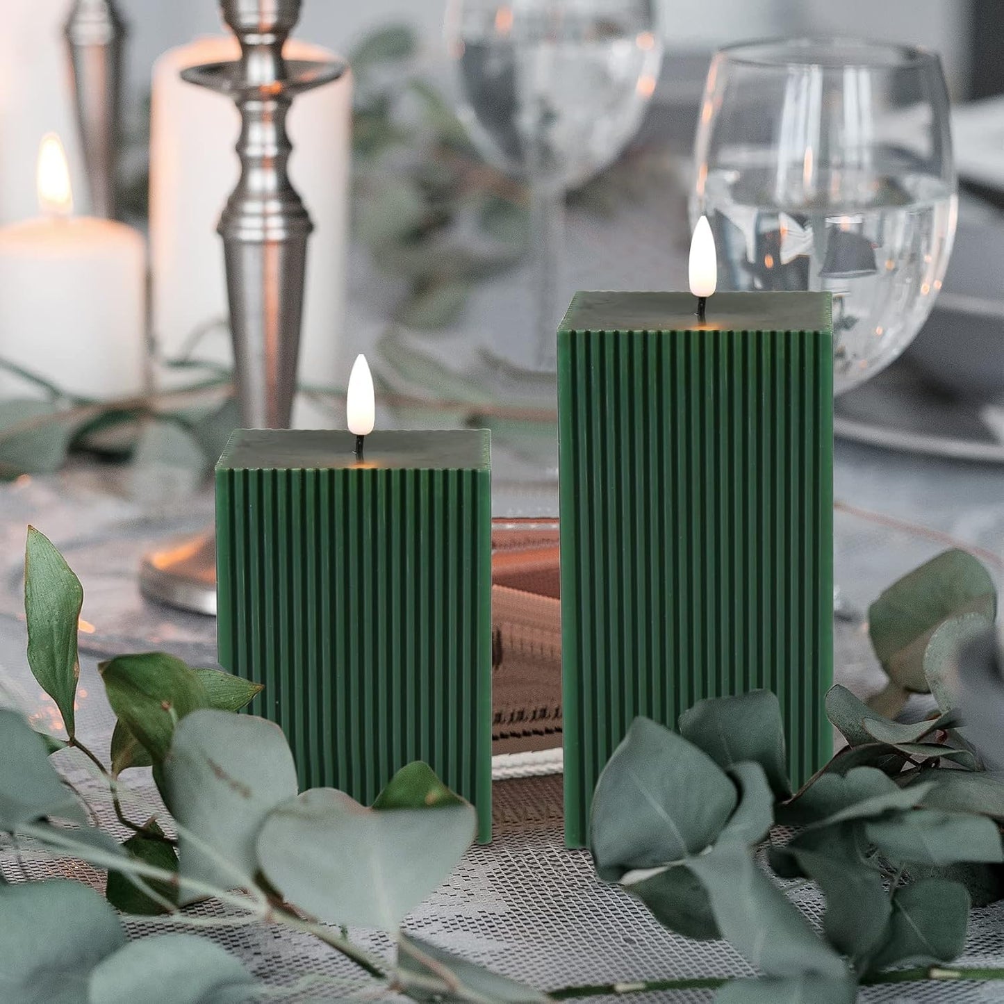 Dark Ribbed Flameless Candles / Green / Set of 2
