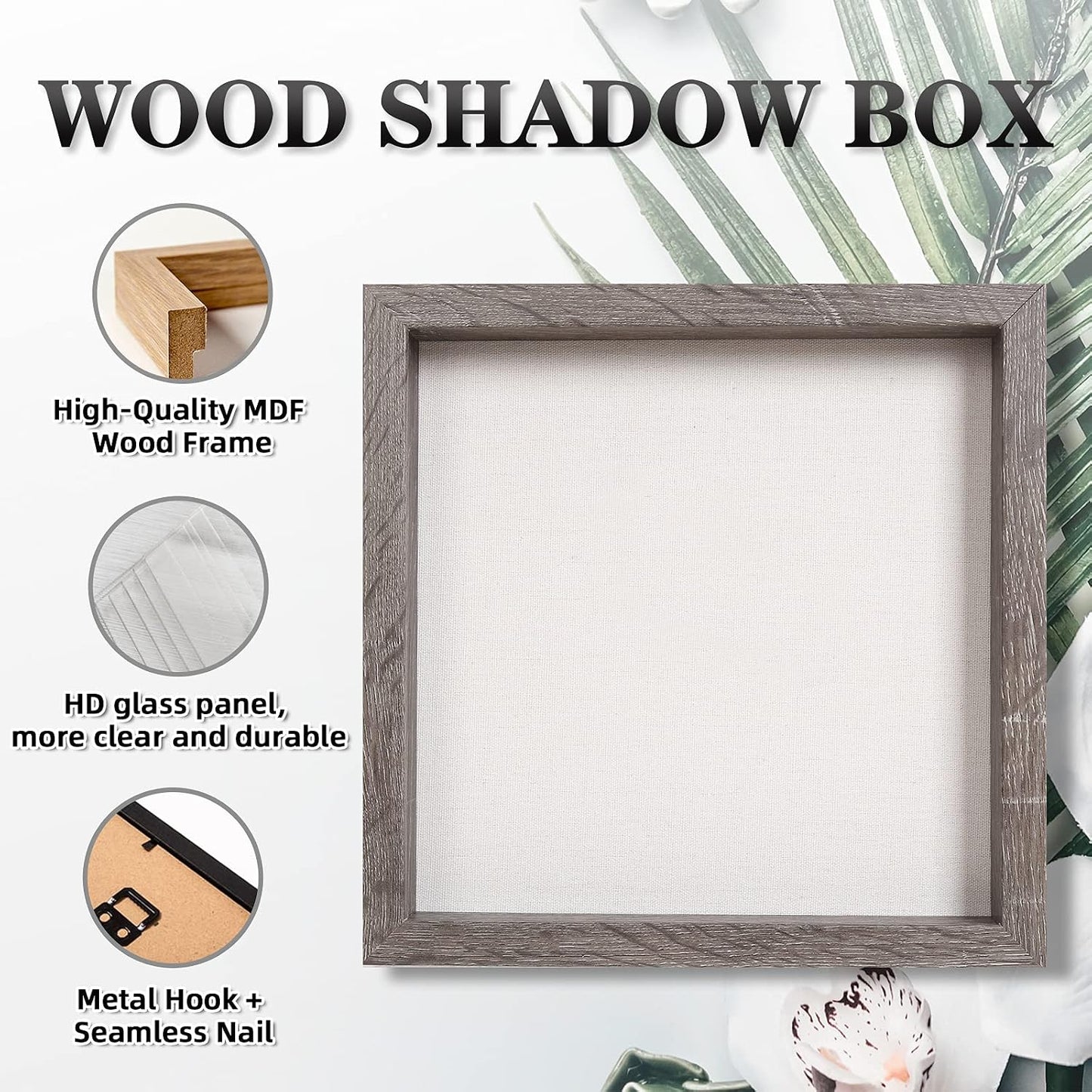 Muzilife 12x12 Shadow Box Wood Picture Frame, Tempered Glass, Texture Gray | FSC-Certified MDF | Soft Acid-free Linen