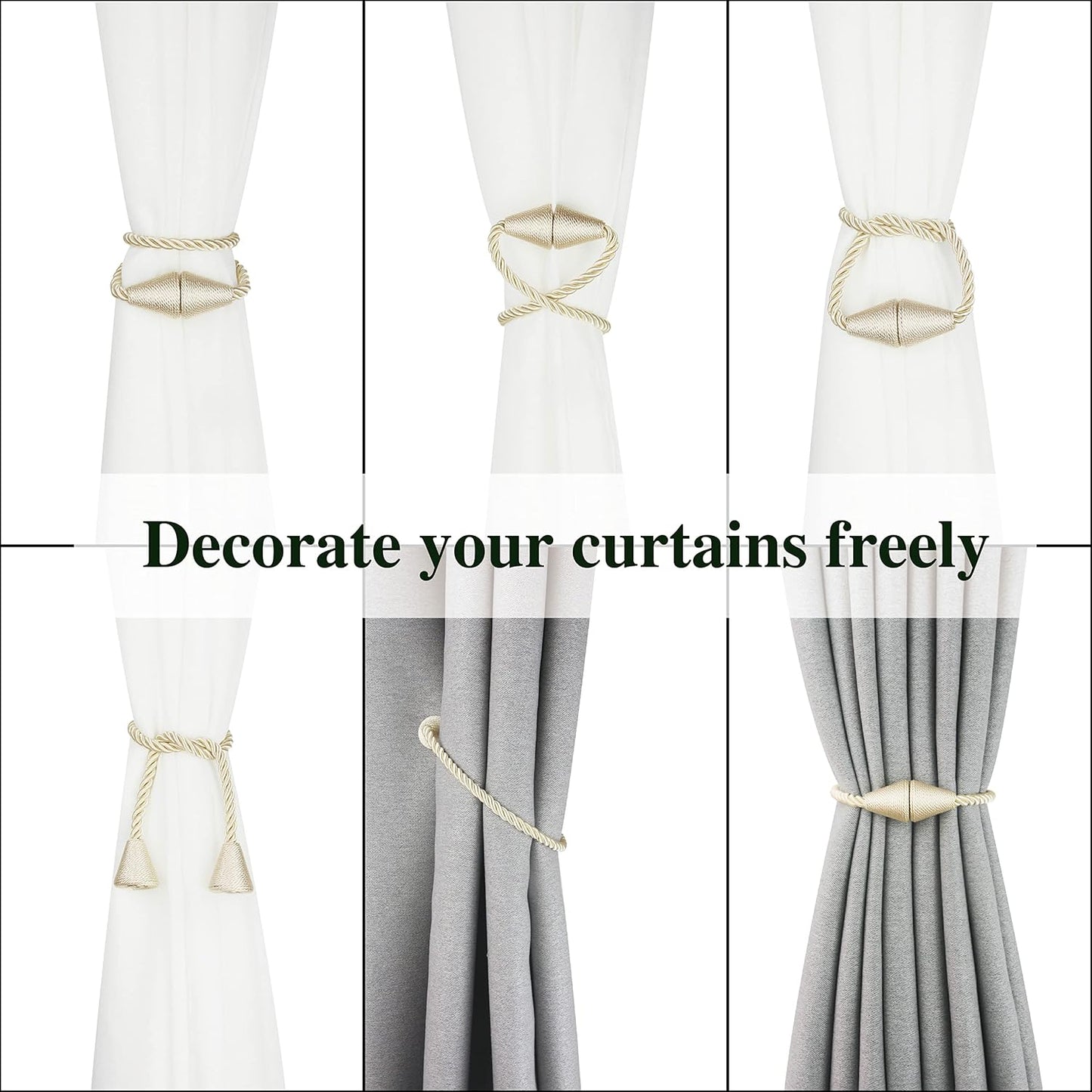 Magnetic Curtain Tiebacks Rope Decorative Holdbacks for Drapes Nieffeiy | 6 Pack Beige Modern Handmade Curtain Tie