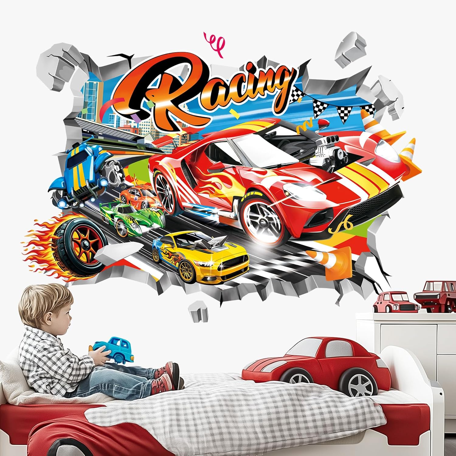 3D Racing Cars Wall Stickers Break Through Cars Flags Wall Decals Boys Bedroom Kids Room / Red