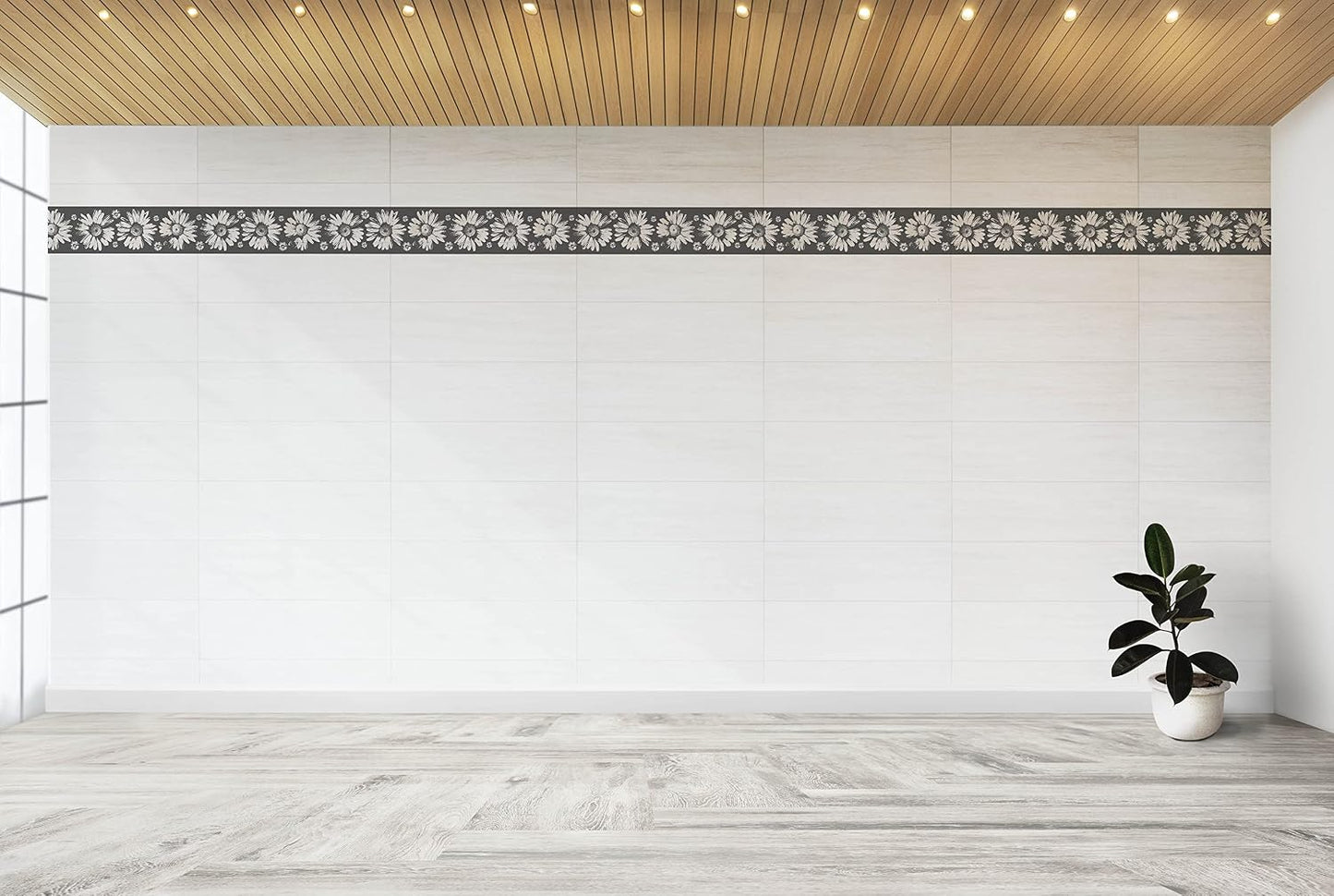 Wallpaper Border Peel and Stick DDAZBD9159 Floral White Sunflowers Wall Border Retro / Grey / 15 ft