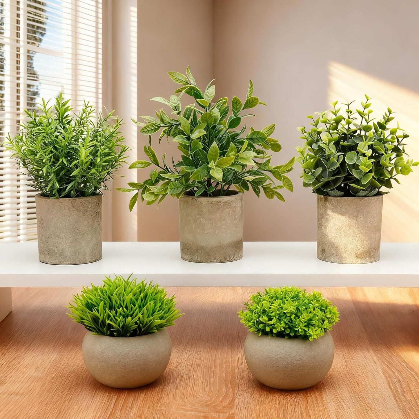 Artificial Potted Plants Faux Greenery in Cement Pots / Round Leaf & Grass Mix Set