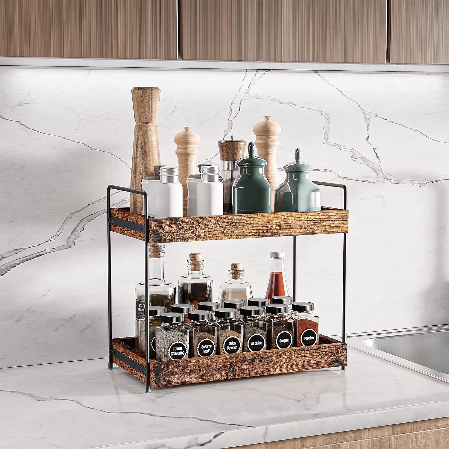 2-Tier Wood Bathroom Counter Organizer, Kitchen Spice Rack | Multi-Use Storage Shelf, Holds Toiletries, Cosmetics