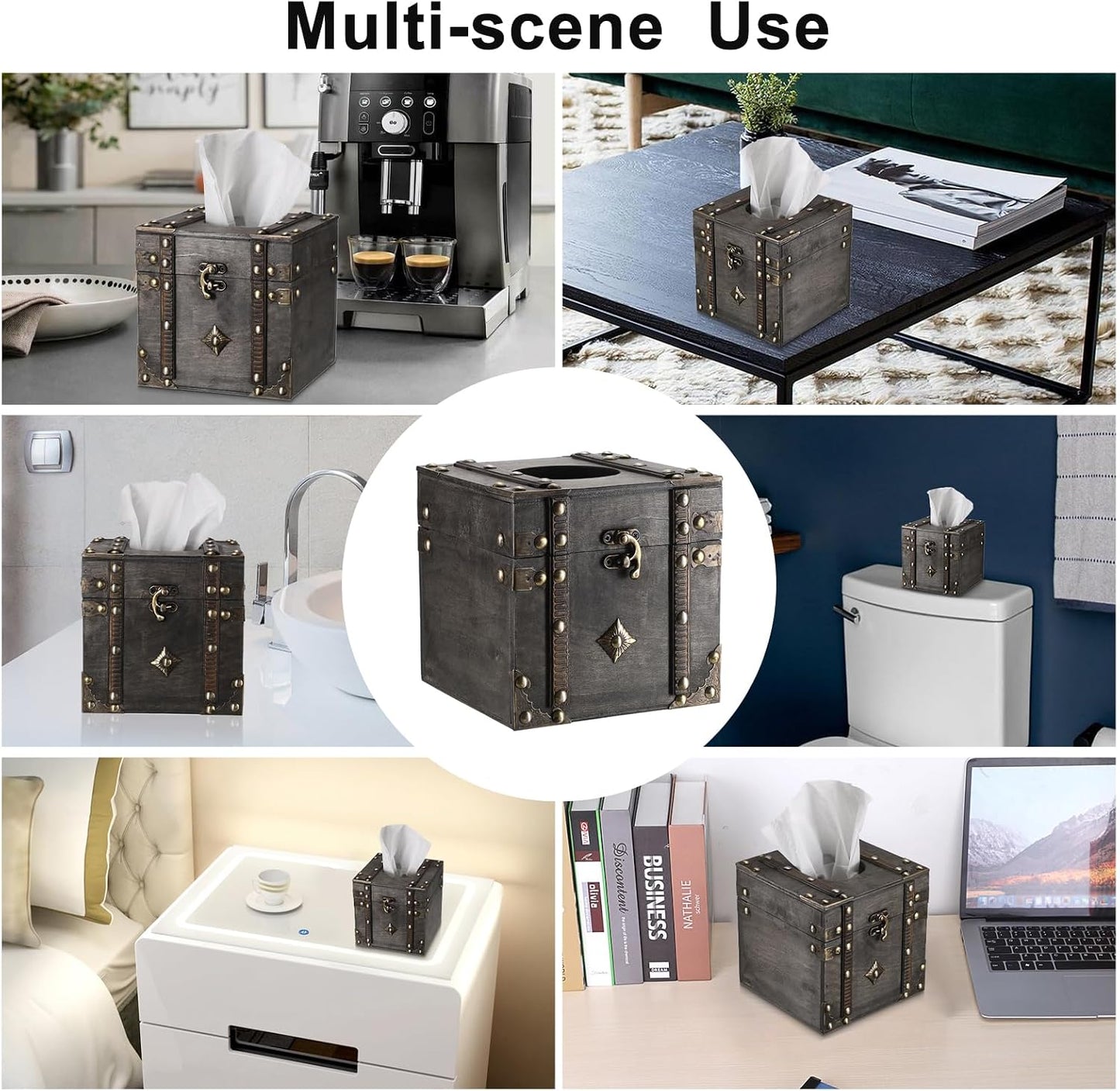 Tissue Box Retro Wood Square Tissue Box Cover Vintage Cube Tissue Box Holder / Grey