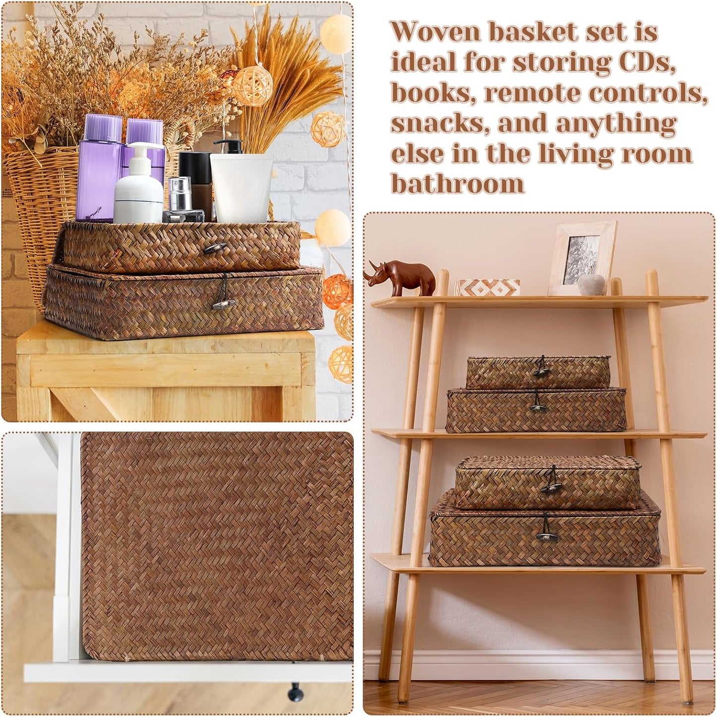 Seagrass Basket / Lid Wicker Storage Basket Decorative Storage Boxes / Dark Brown / Set of 4