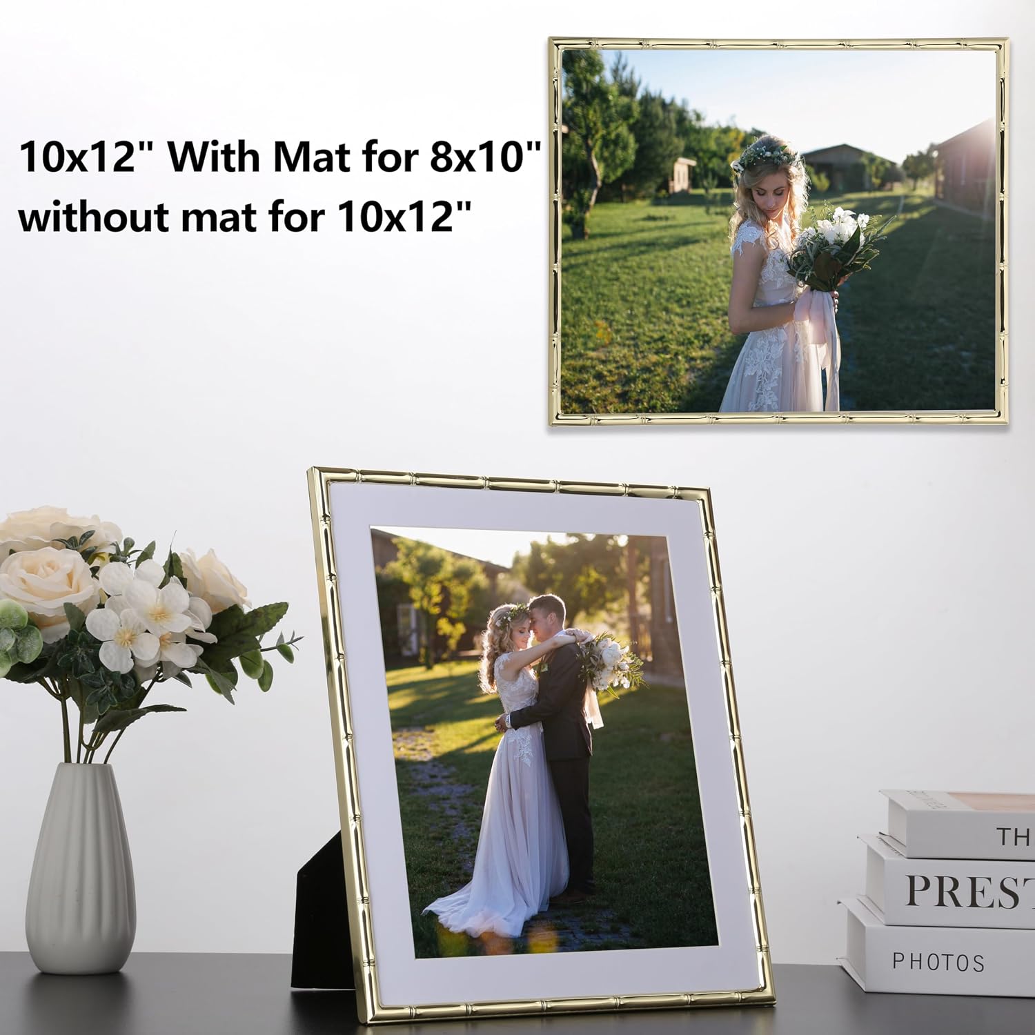 YiPinYin 2-Pack 10x12 Gold Bamboo Metal Picture Frames | Acid-Free Mat for 8x10 Photos | Narrow Plated Edge | Velvet