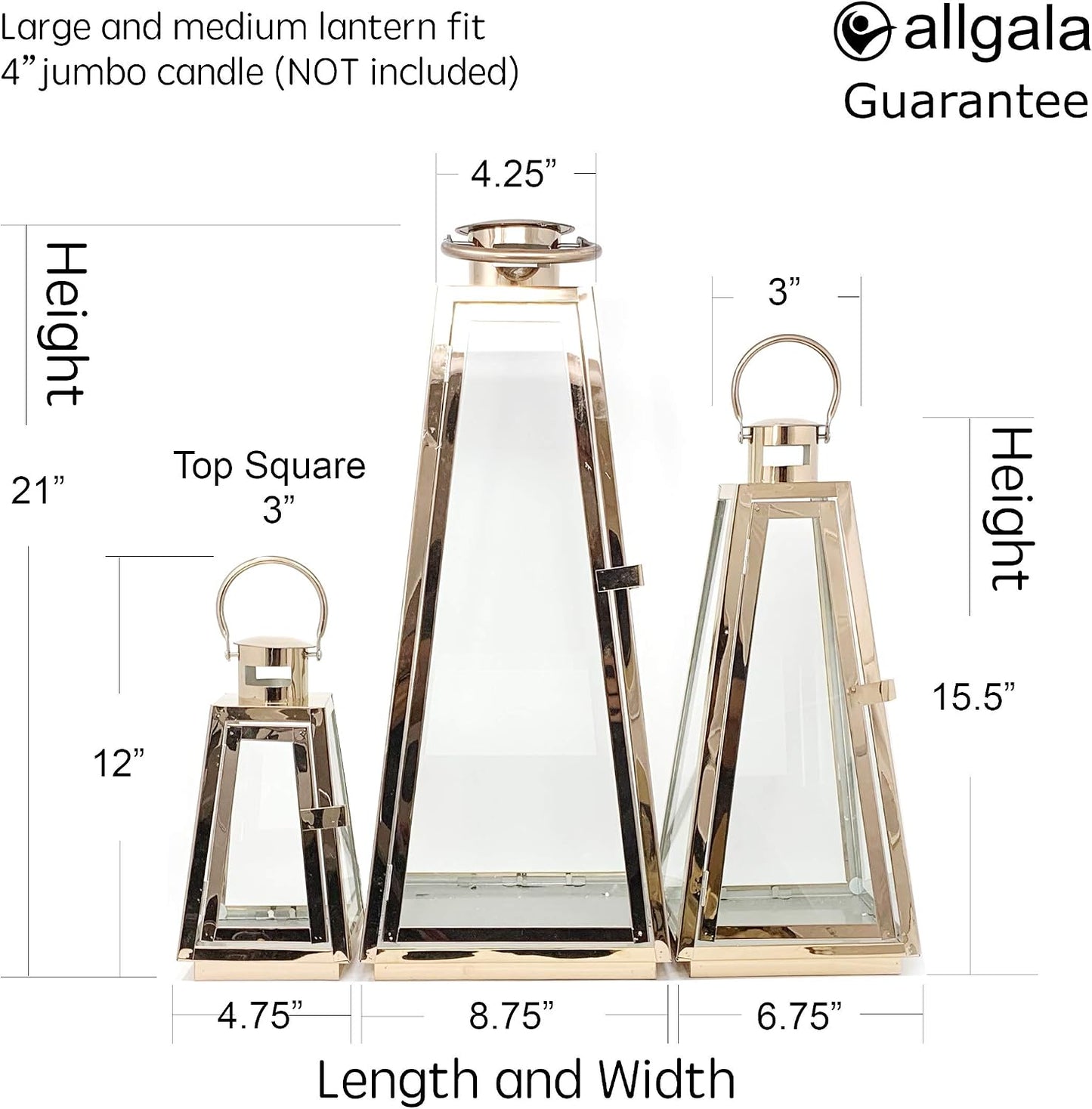 allgala Lantern Jumbo Deluxe Modern Indoor/Outdoor Candle Stainless Steel Rectangular Frame with Lattice Grid Tempered