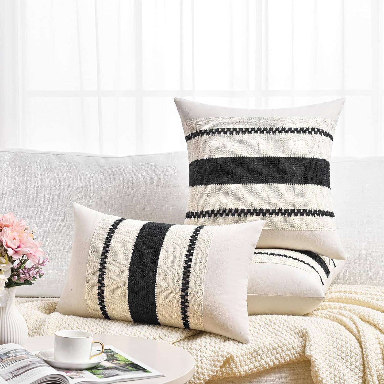 Boho Decorative Throw Pillow Cover / 18 x 18 / Black / Set of 2