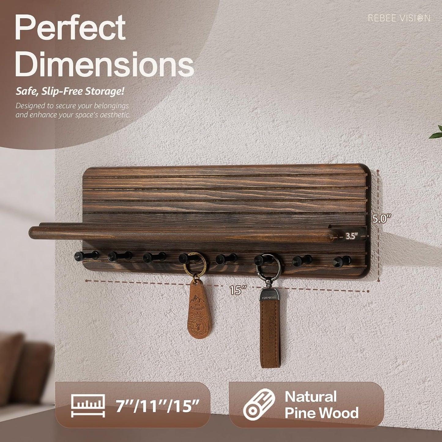 8 Durable Hooks & Floating Shelf / Brown