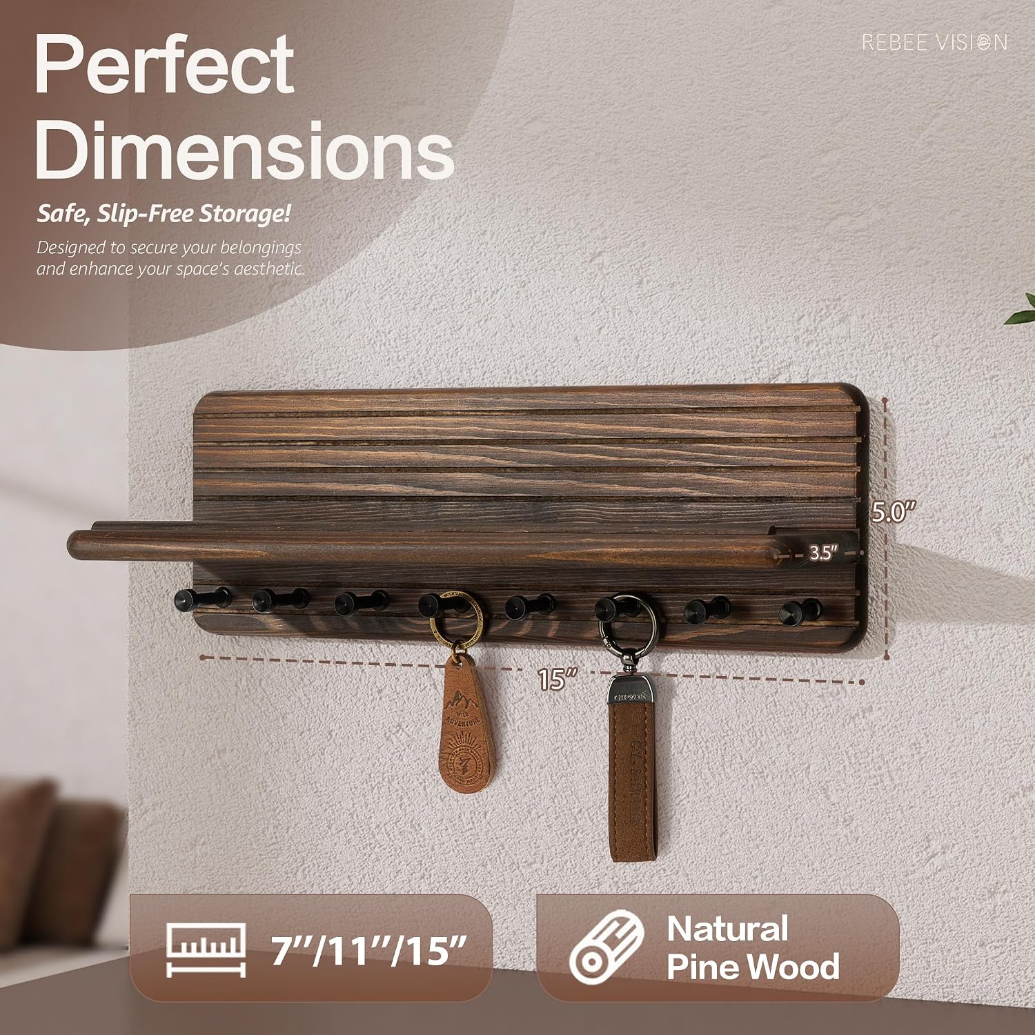 8 Durable Hooks & Floating Shelf / Brown