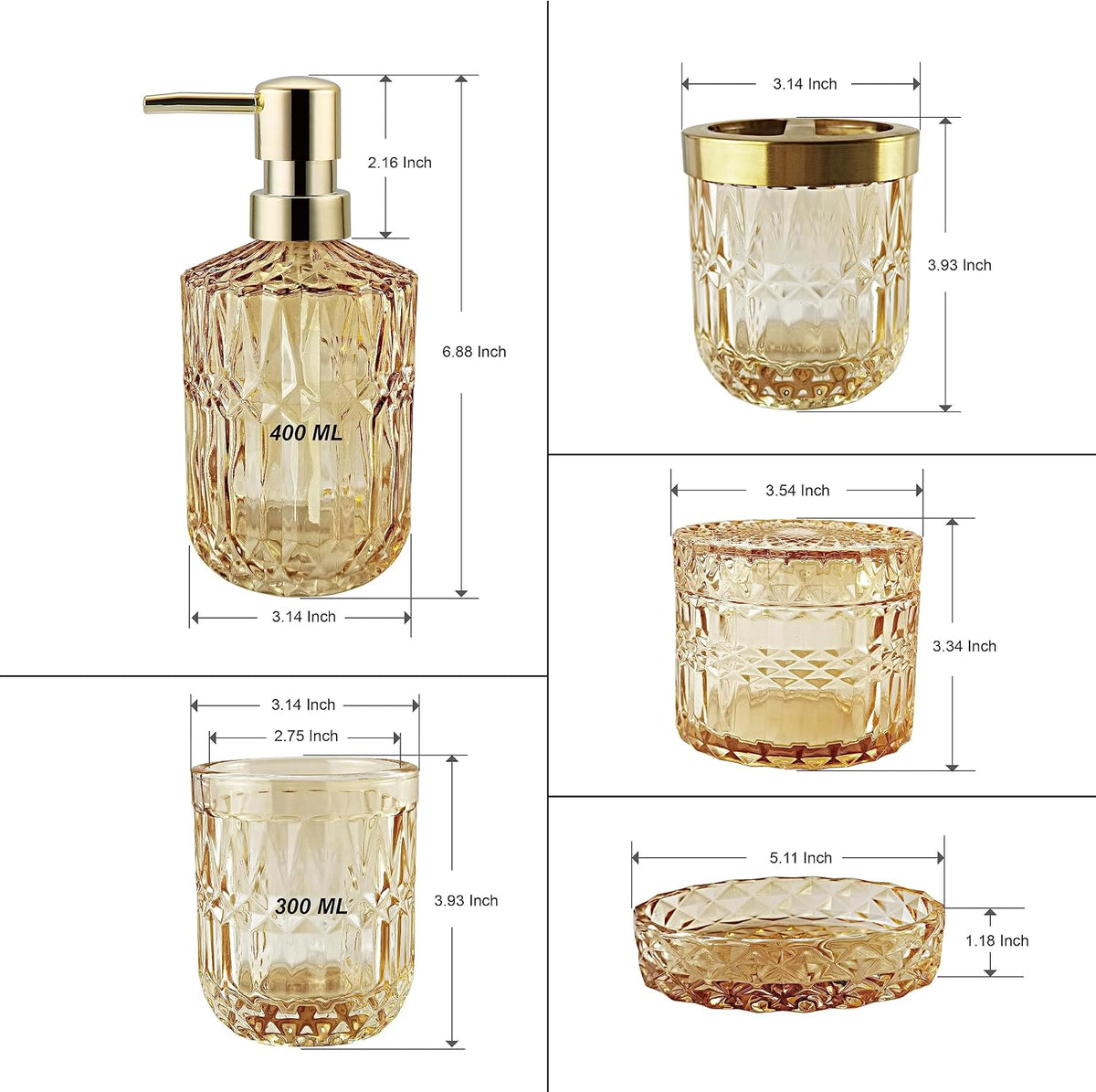 LaMarriti Clear Gold Bathroom Accessorries Set, 5Pcs Glass Bathroom Set | Soap Dispenser and Toothbrush Holder Set