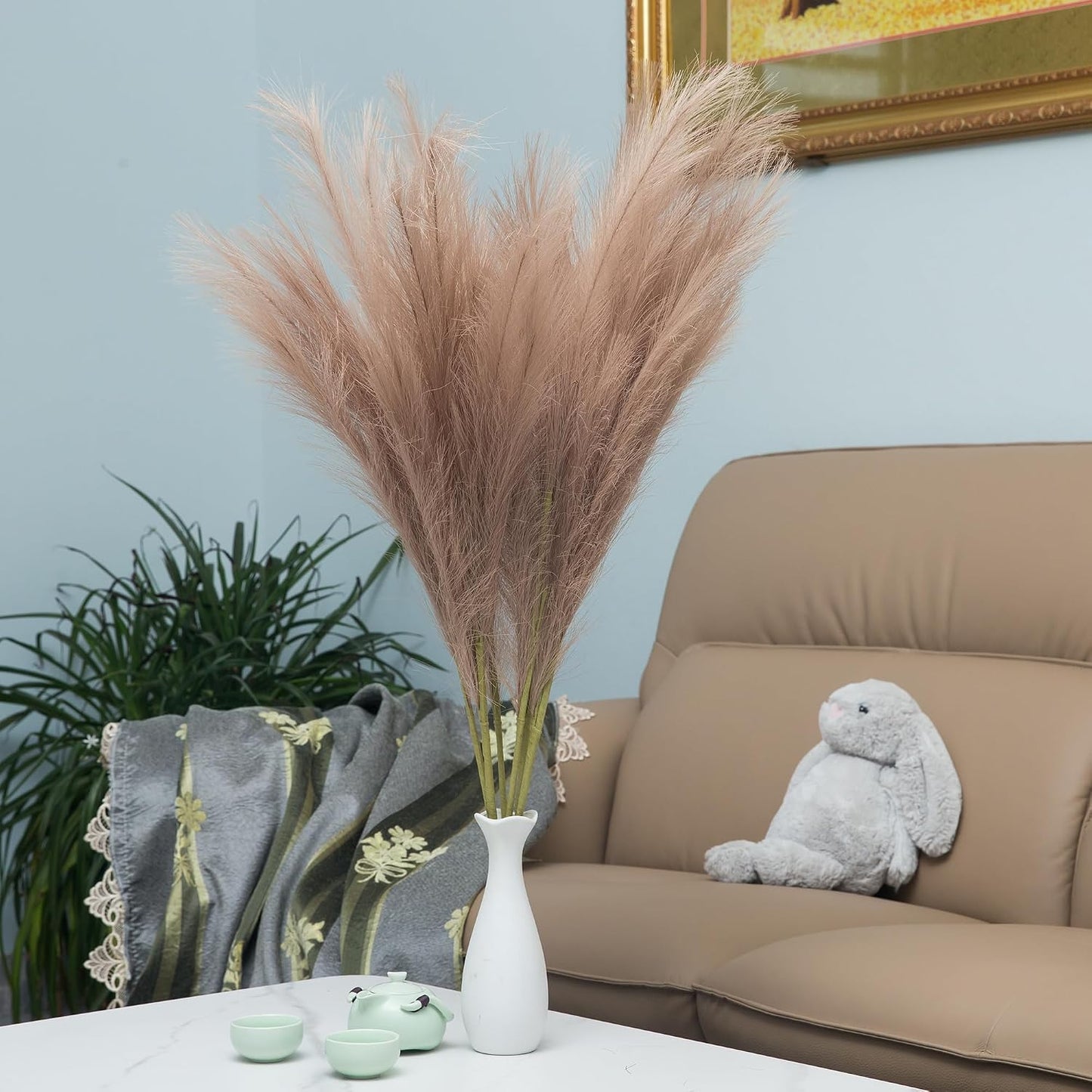 Faux Pampas Grass Dried Fluffy Artificial 35" Ascendant Grass for Vase Fillers / Brown / Set of 6