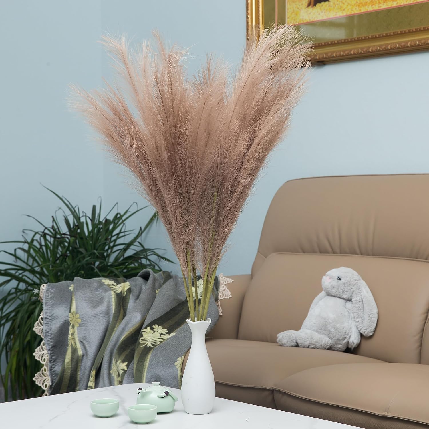 Faux Pampas Grass Dried Fluffy Artificial 35" Ascendant Grass for Vase Fillers / Brown / Set of 6