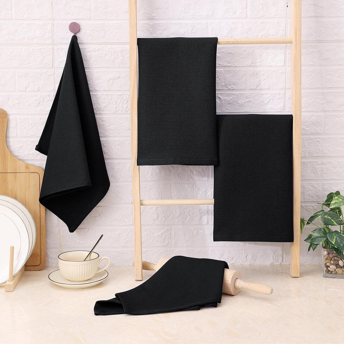 Homaxy 100% Cotton Waffle Weave Kitchen Towels, 12 Pack, Black | Soft and Absorbent Dish Towels, 16 x 26 Inches Quick