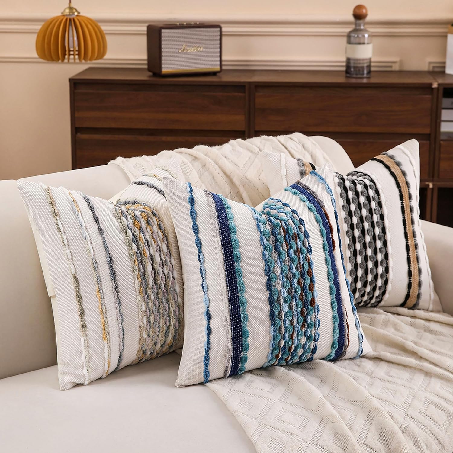 Boho Striped Throw Pillow Covers Farmhouse Square Decorative Pillow / Blue / 18 x 18 / Set of 2