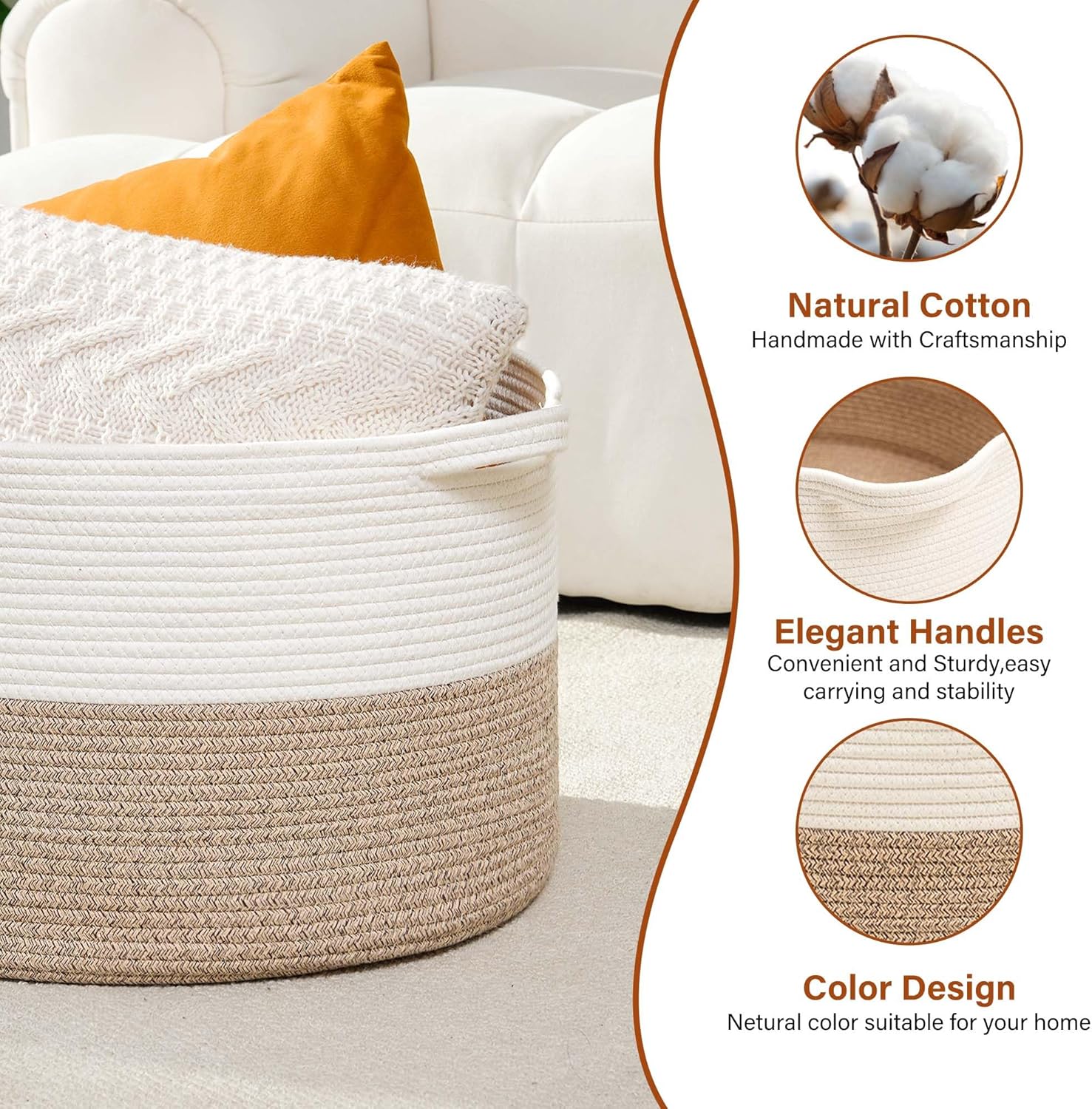 Collapsible Handle Cotton Rope Soft Woven Fabric Storage Organizer Clothes / White & Brown / 65L