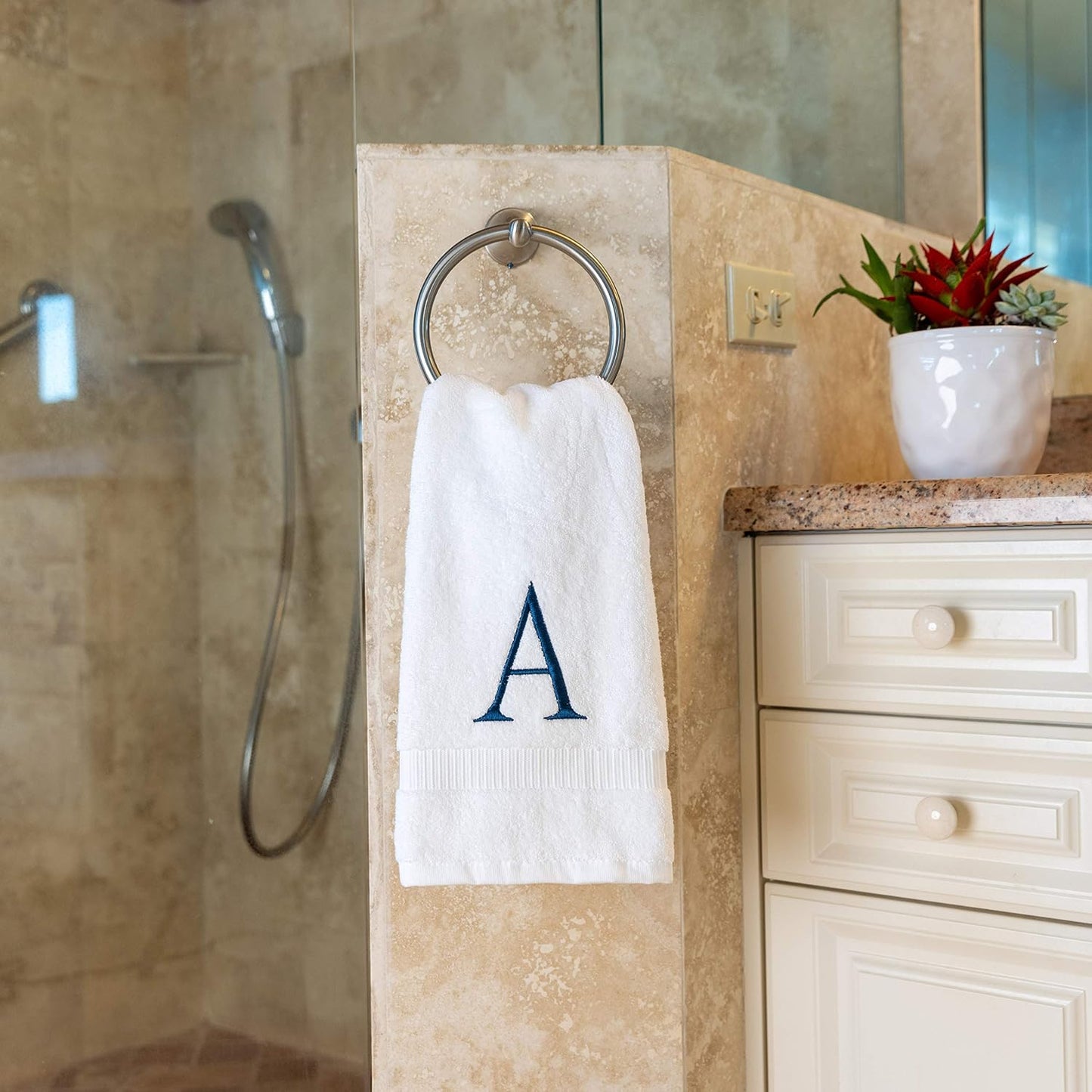 White with Navy Monogrammed Hand Towels for Bathroom - Set of 2 Letter A | Luxury Hotel Quality Initial Towels For