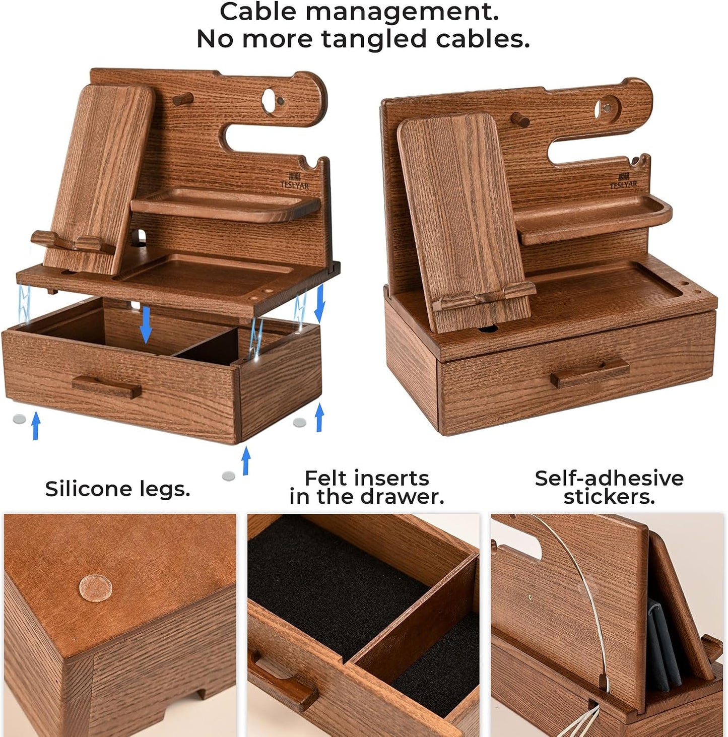 TESLYAR Wood Phone Docking Station with Drawer - Nightstand Organizer - Desk Organizer for Husband - Birthday Gifts for