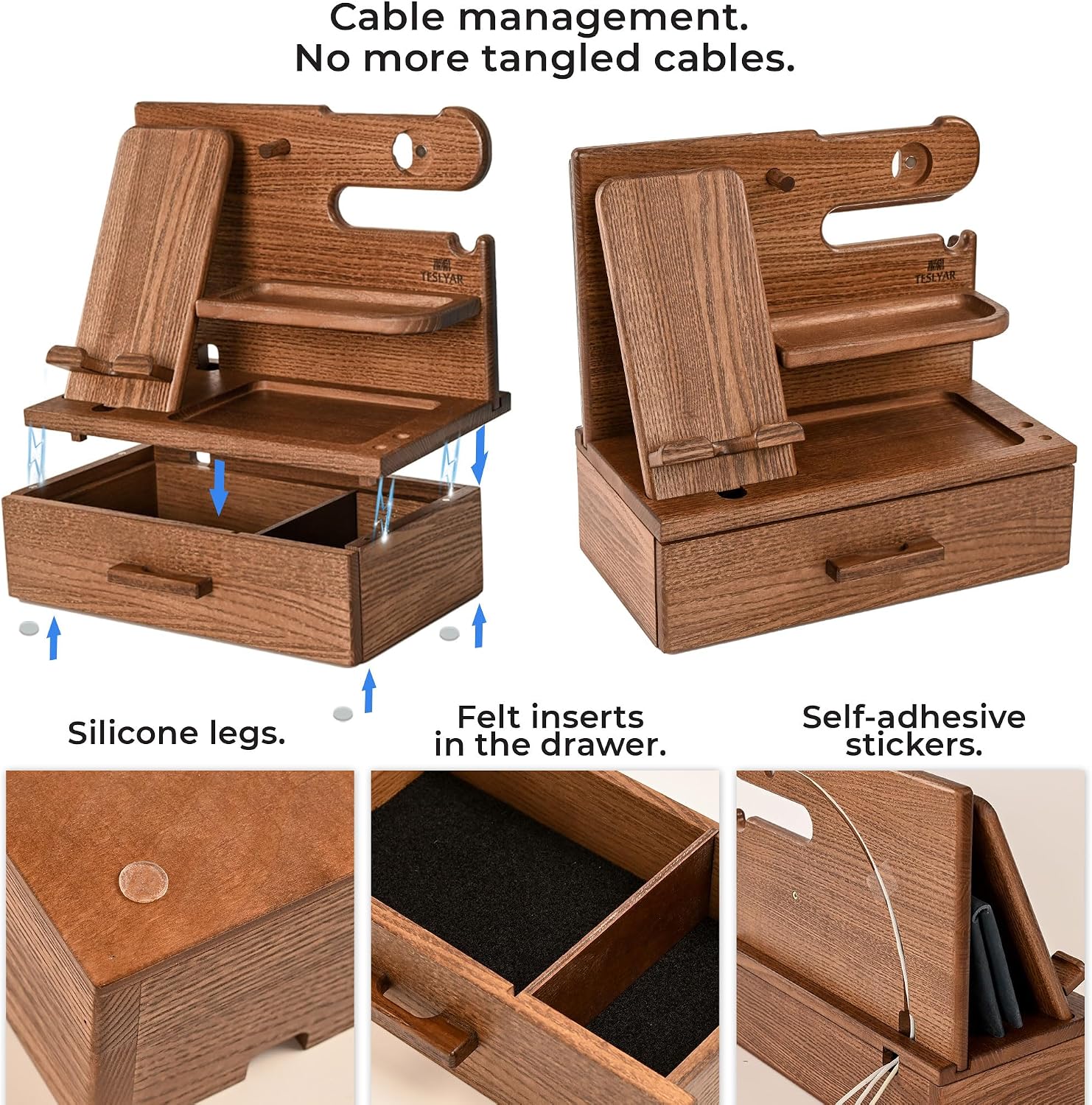 TESLYAR Wood Phone Docking Station with Drawer - Nightstand Organizer - Desk Organizer for Husband - Birthday Gifts for